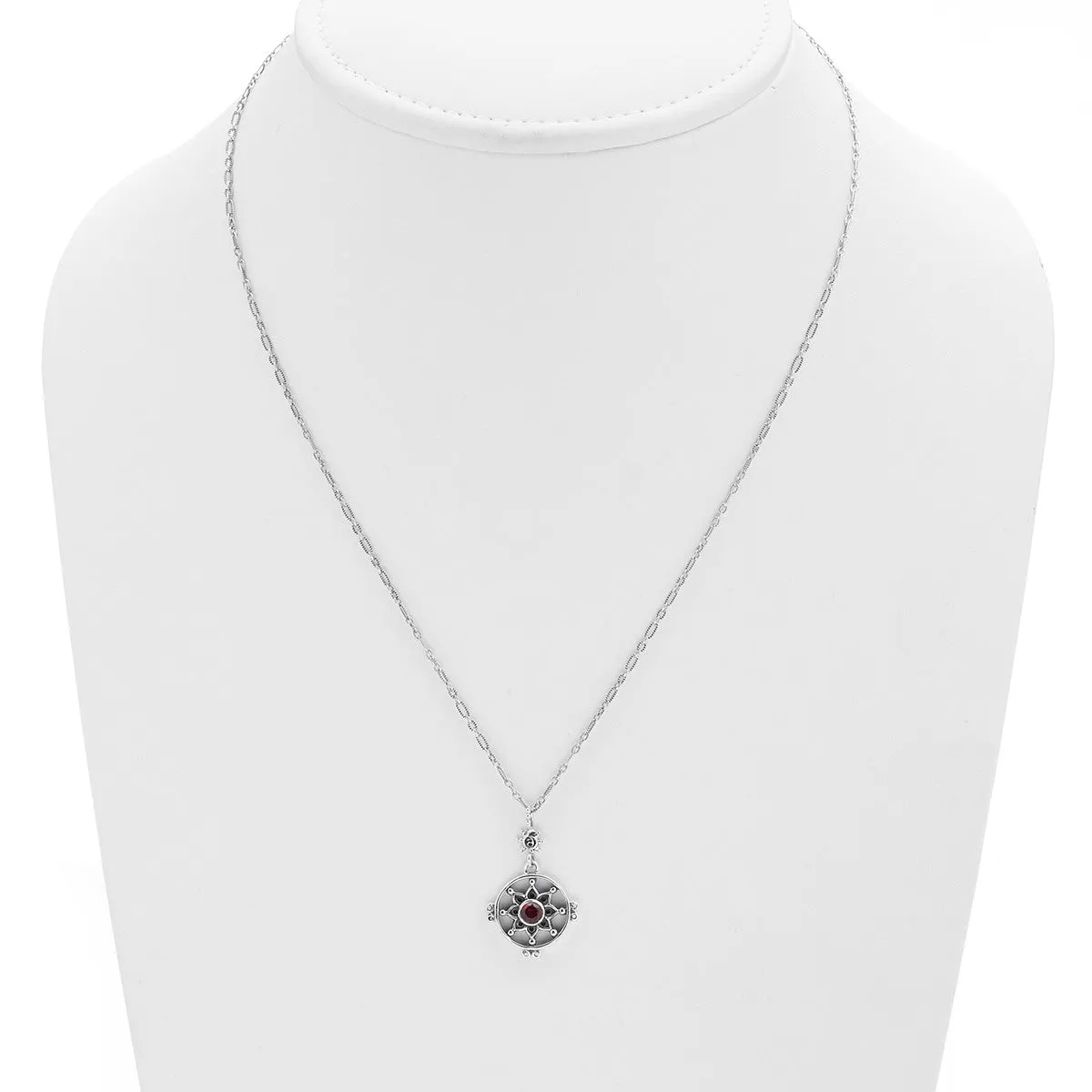 Dharmachakra Sterling Silver Garnet Love Necklace