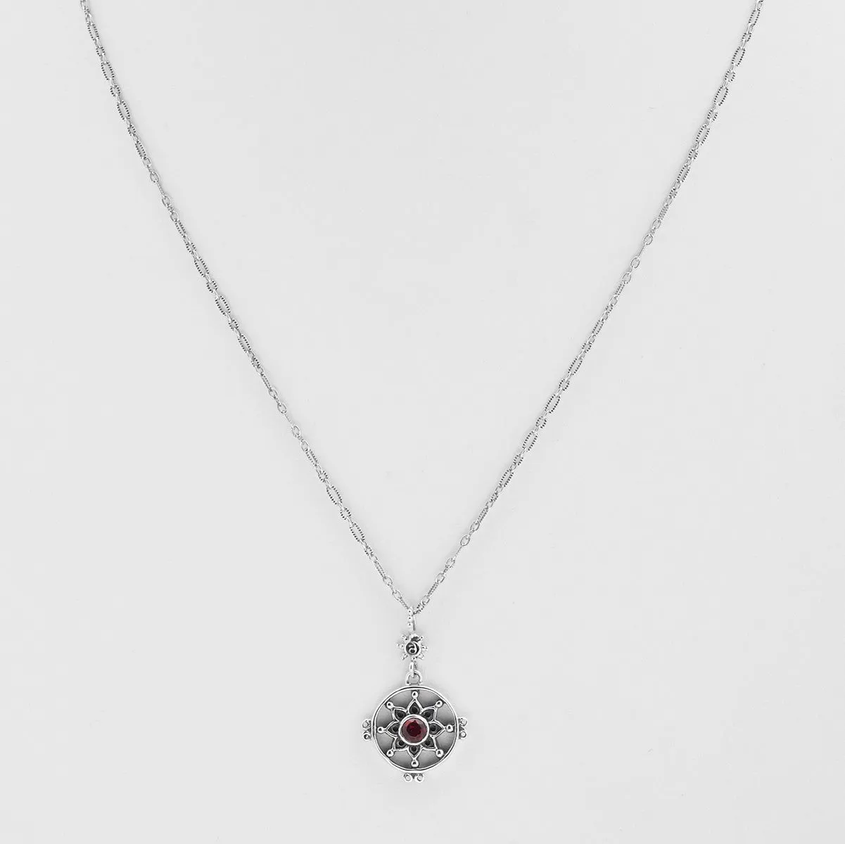 Dharmachakra Sterling Silver Garnet Love Necklace