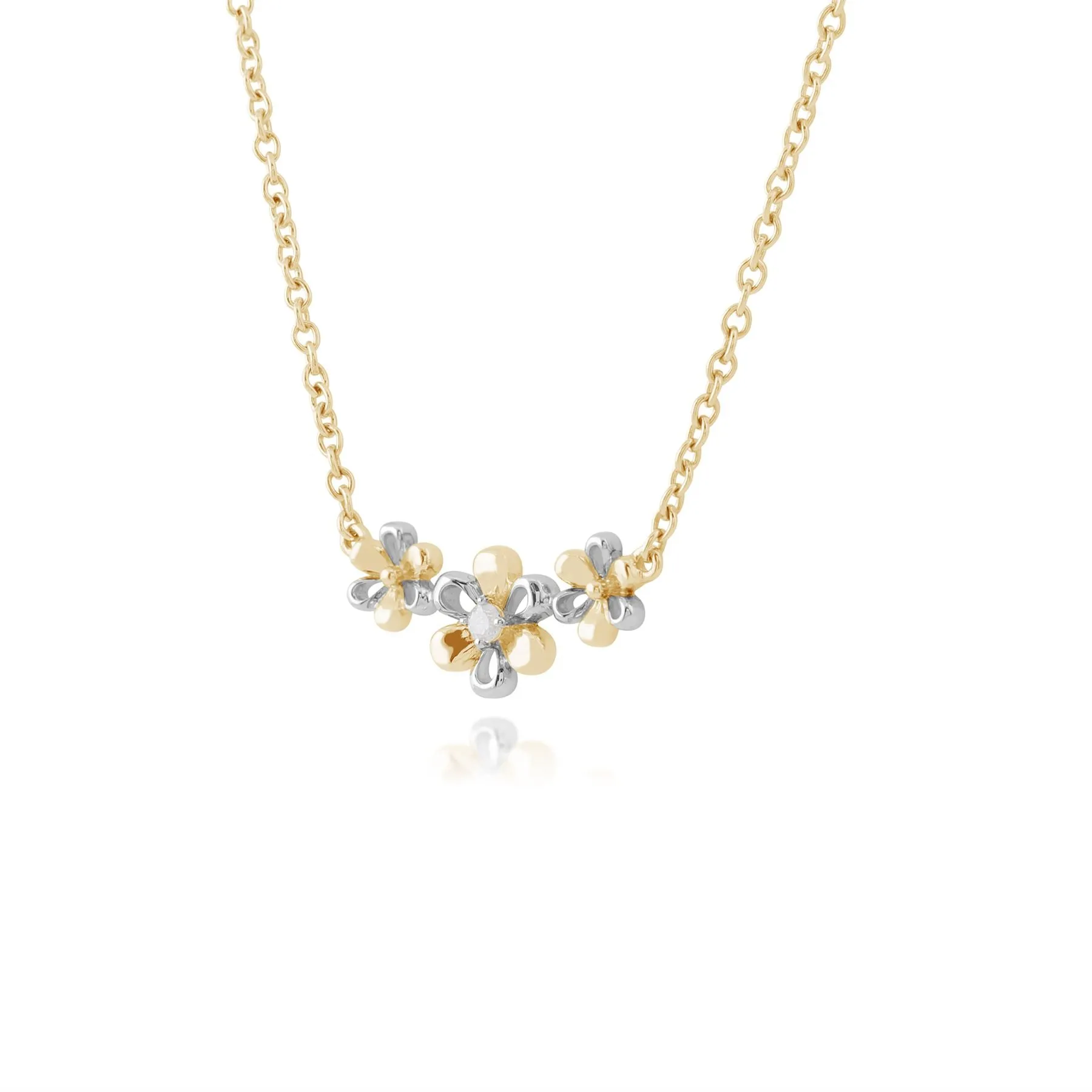 Diamant Halskette 9ct Gelbgold 0,03 Karat Diamant Drei Blumen 45cm Halskette