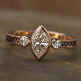 Diamond Rose Gold Hand Made Vintage Engagement Ring - Marquise Ring - Leaf