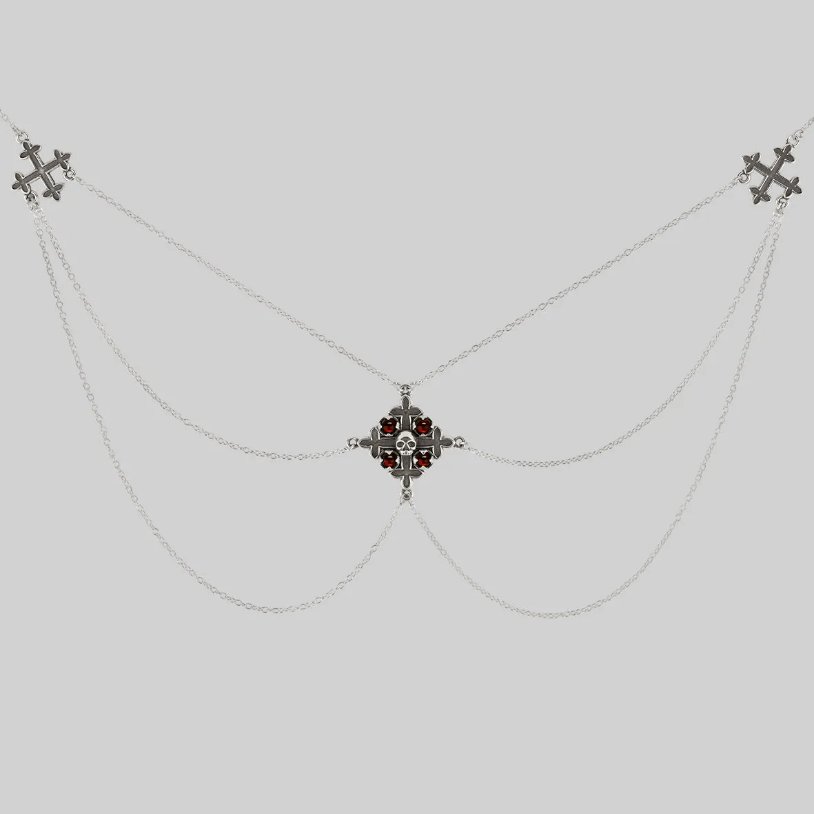 ELVIRA. Medieval Cross Garnet Necklace  - Silver