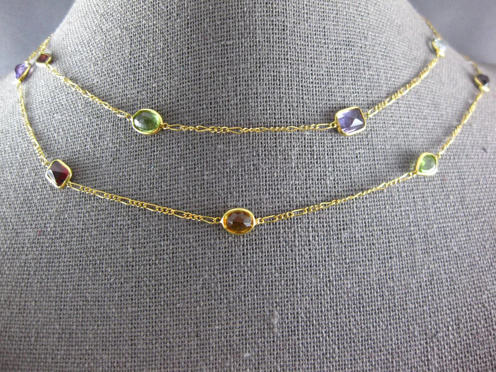 ESTATE EXTRA LONG 6.50CT AAA MULTI GEM 14KT YELLOW GOLD 3D MULTI SHAPE NECKLACE