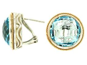 ESTATE LARGE 28CT AAA BLUE TOPAZ 14KT YELLOW GOLD & SILVER 3D CLIP ON EARRINGS