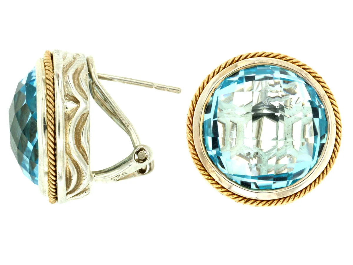 ESTATE LARGE 28CT AAA BLUE TOPAZ 14KT YELLOW GOLD & SILVER 3D CLIP ON EARRINGS