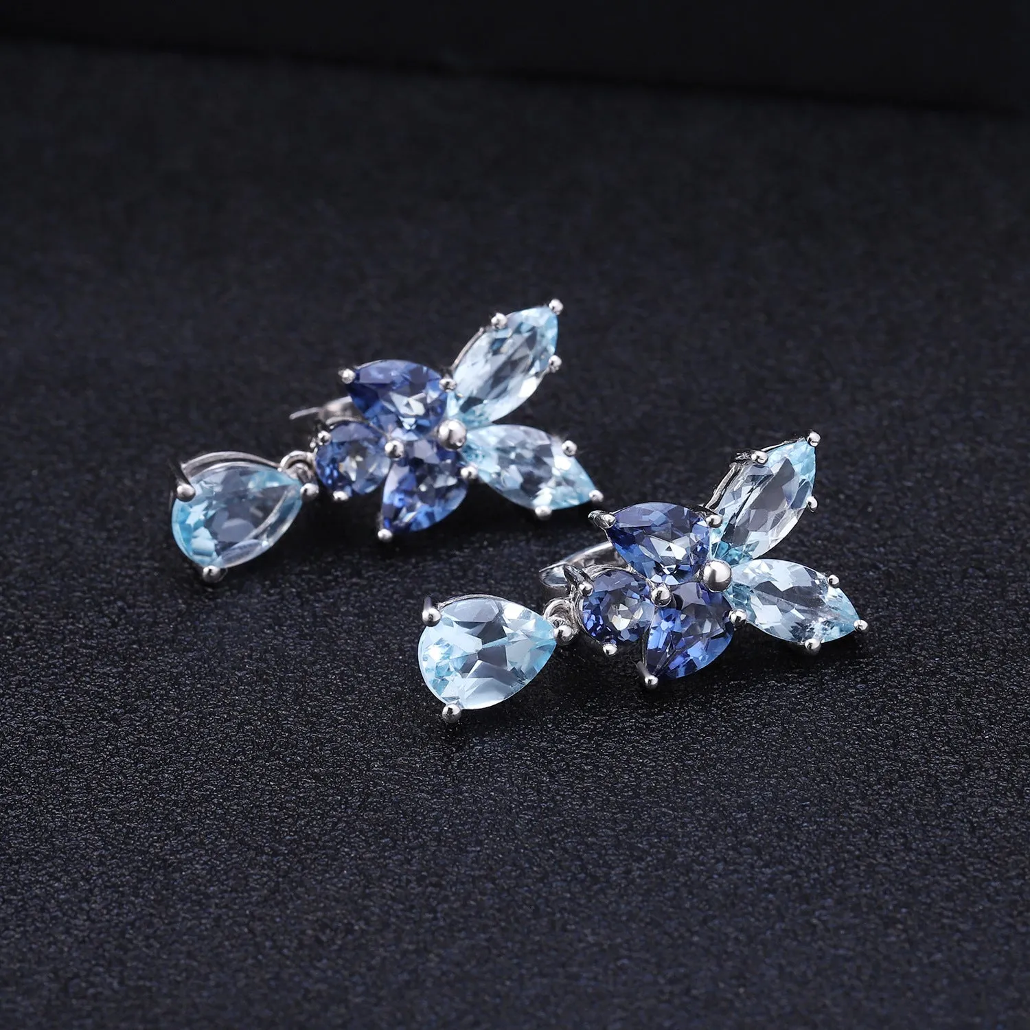 European Retro Natural Topaz Flower with Pear Drop Silver Drop Earrings for Women