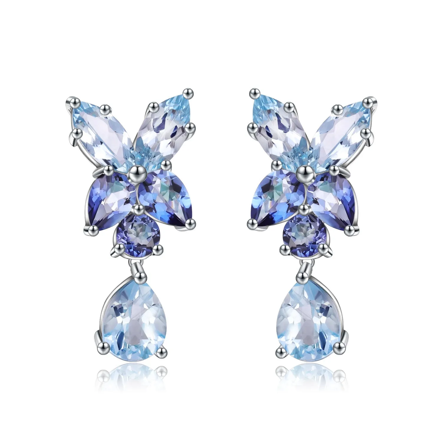 European Retro Natural Topaz Flower with Pear Drop Silver Drop Earrings for Women