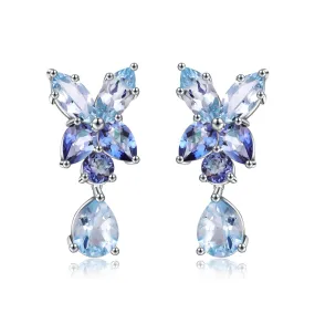 European Retro Natural Topaz Flower with Pear Drop Silver Drop Earrings for Women