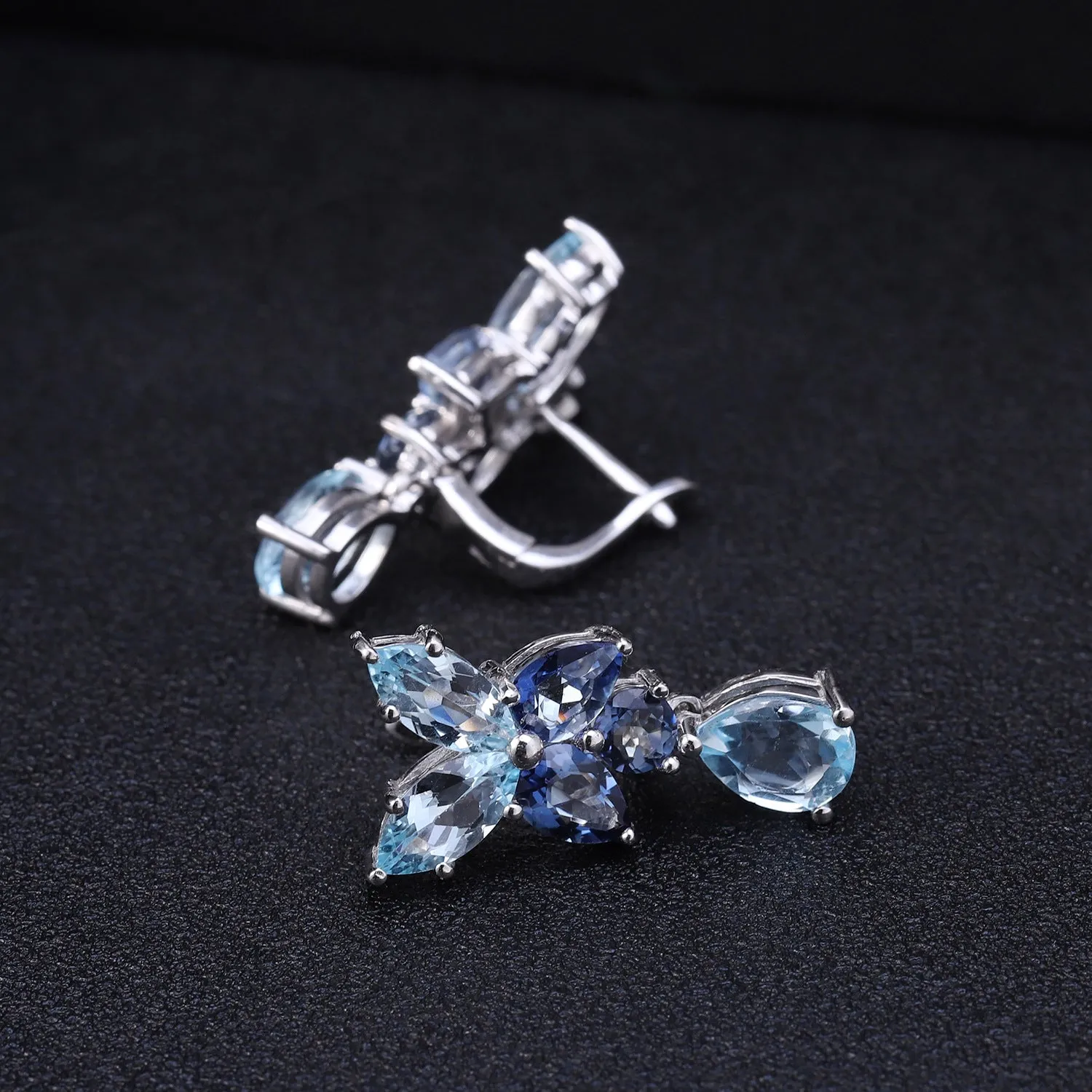 European Retro Natural Topaz Flower with Pear Drop Silver Drop Earrings for Women