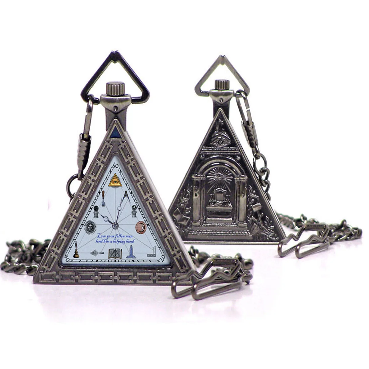 Freemason Mens Pocket Watch w/ Chain Masonic Triangle Shaped Watch w/ Quartz Movement