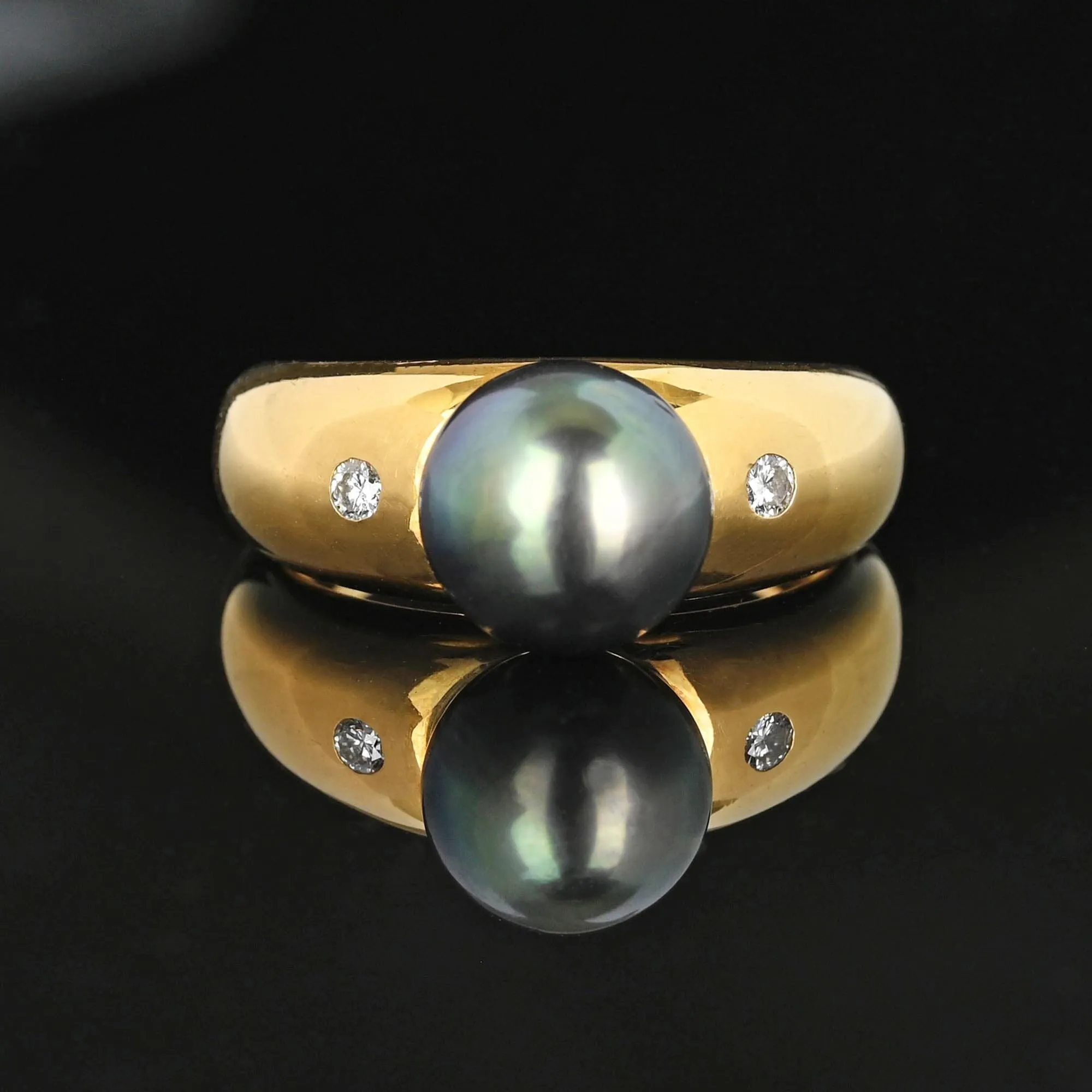 French 18K Gold Diamond Accent Tahitian Black Pearl Ring