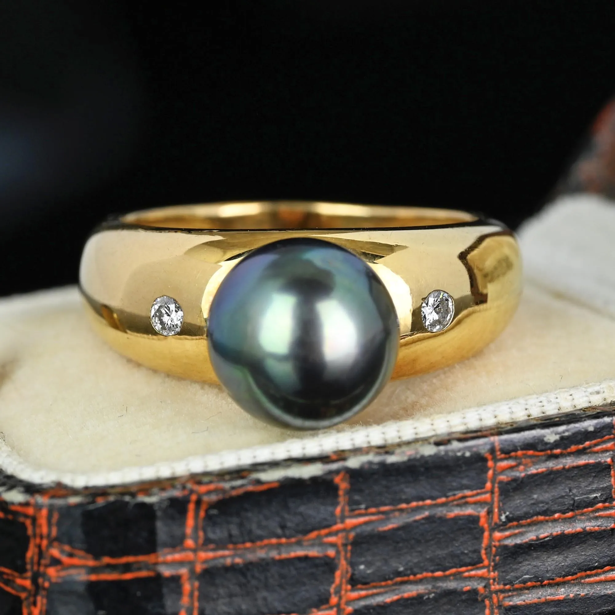 French 18K Gold Diamond Accent Tahitian Black Pearl Ring