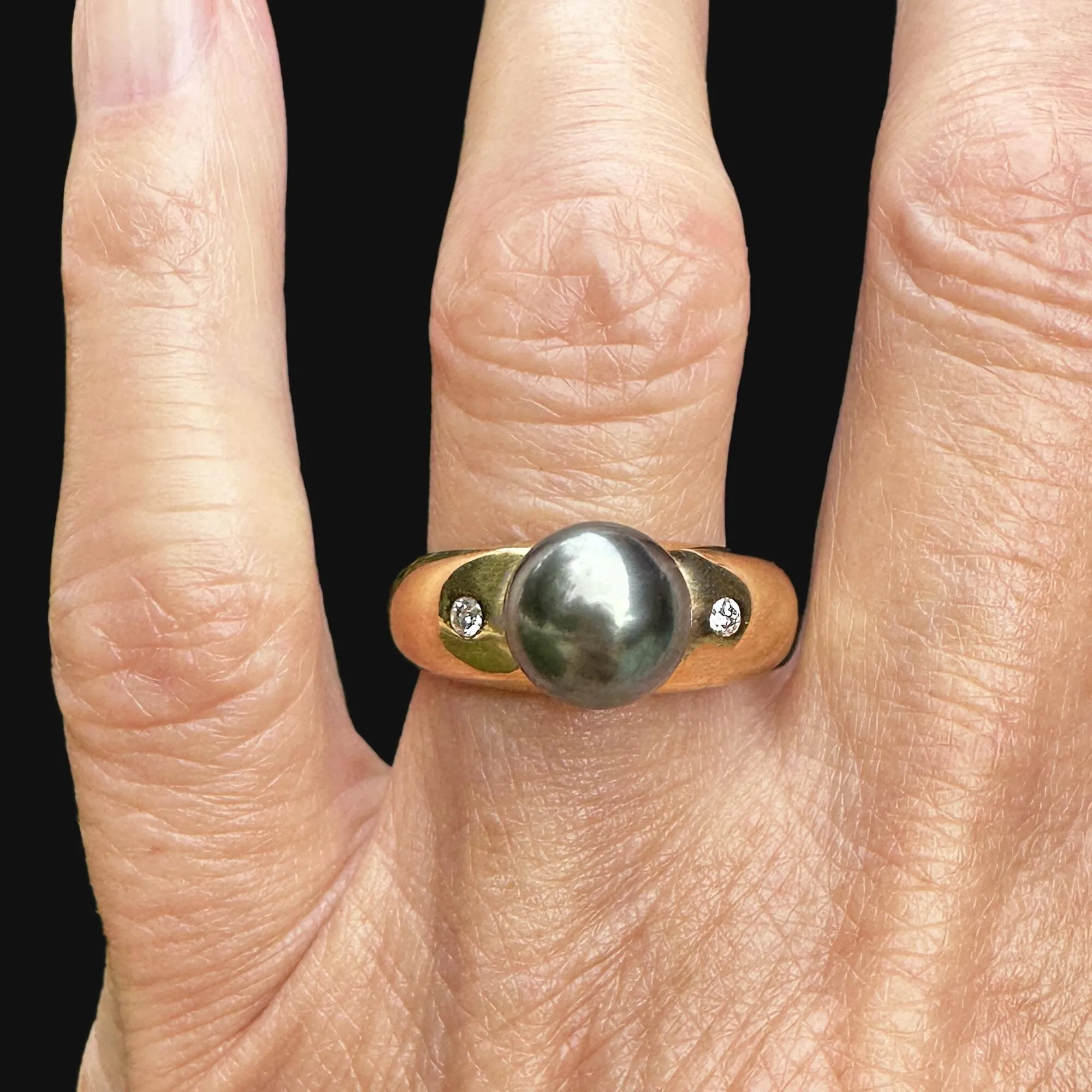 French 18K Gold Diamond Accent Tahitian Black Pearl Ring