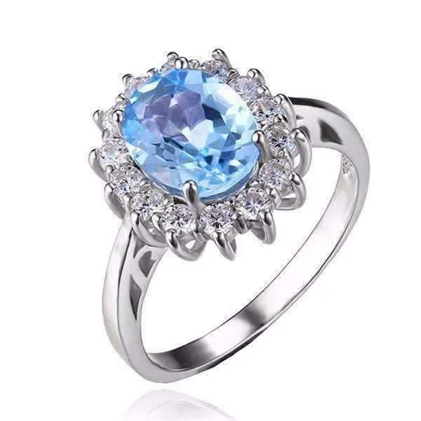 French Blue Halo 2.5CT Genuine Topaz IOBI Precious Gems 925 Sterling Silver Ring