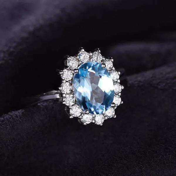 French Blue Halo 2.5CT Genuine Topaz IOBI Precious Gems 925 Sterling Silver Ring