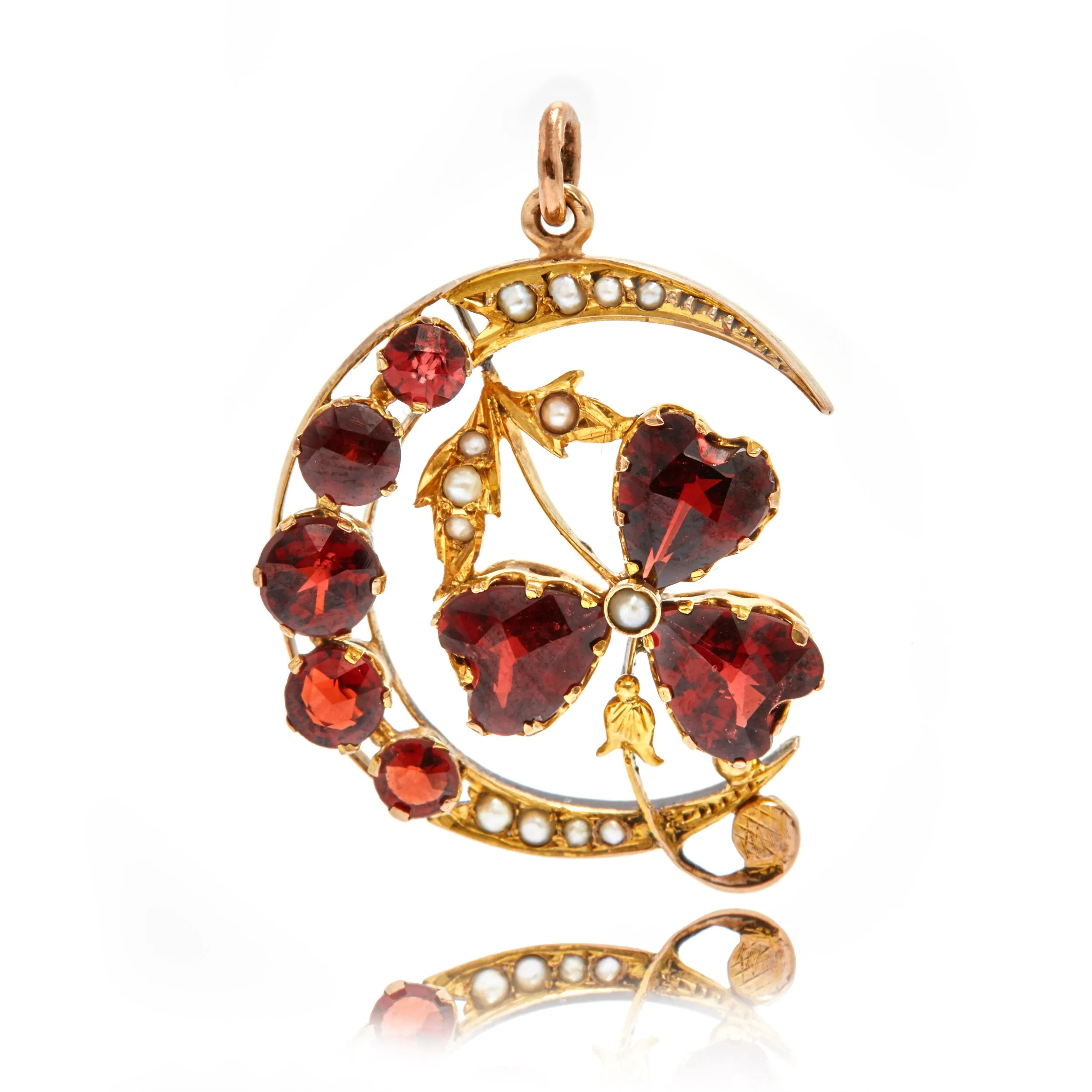 Garnet Clover Crescent Moon Pendant