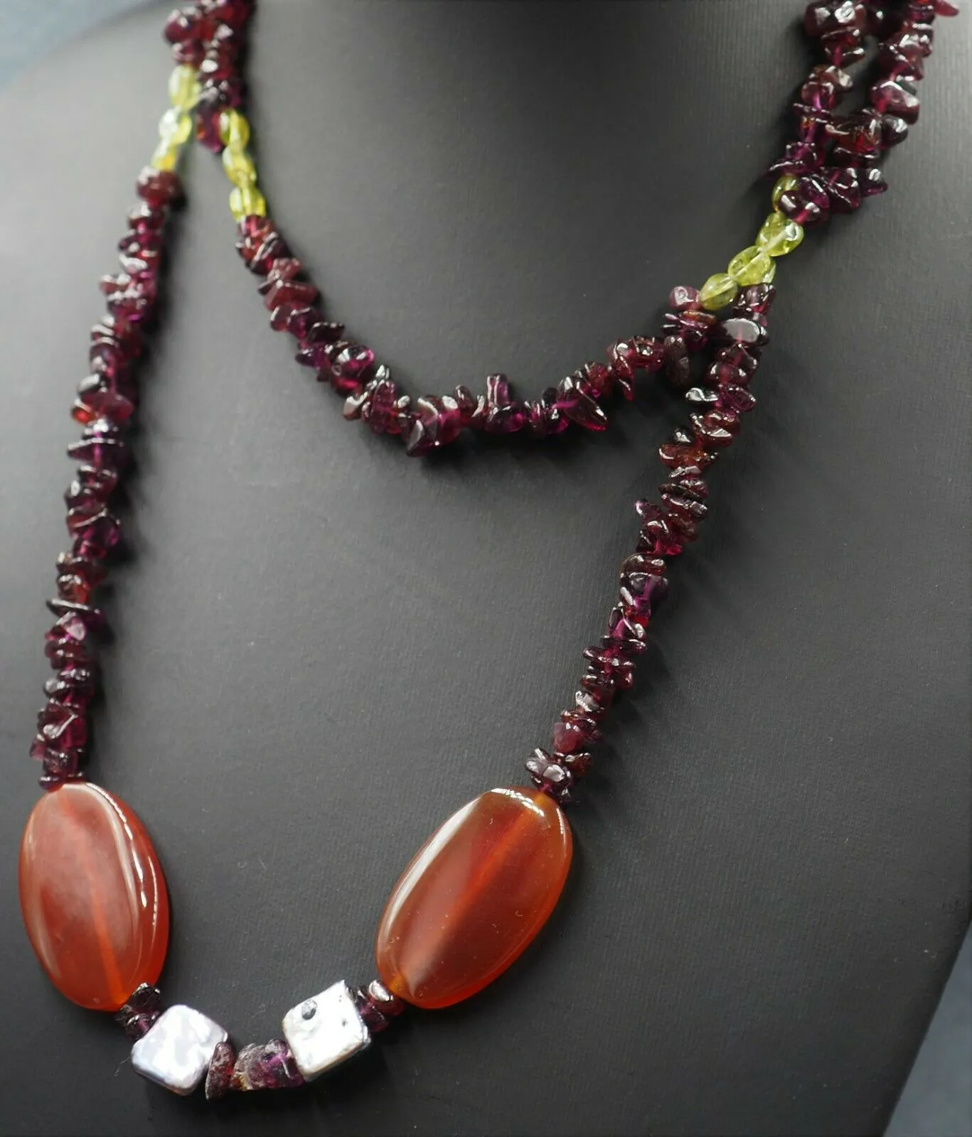 Garnet, Peridot & Carnelian Long Necklace Fine Jewellery Length 94cm