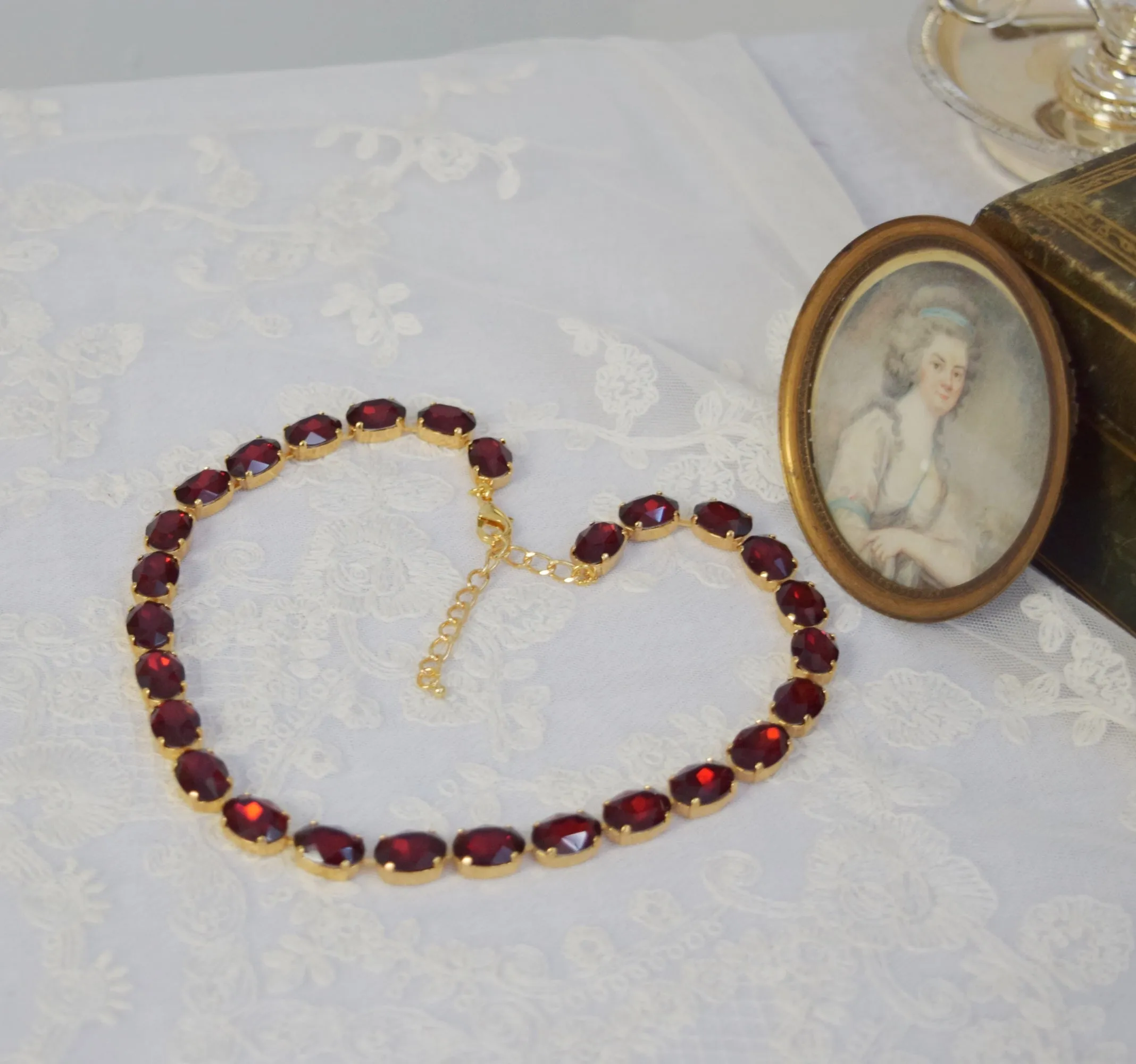 Garnet Red Aurora Crystal Collet Necklace - Medium Oval