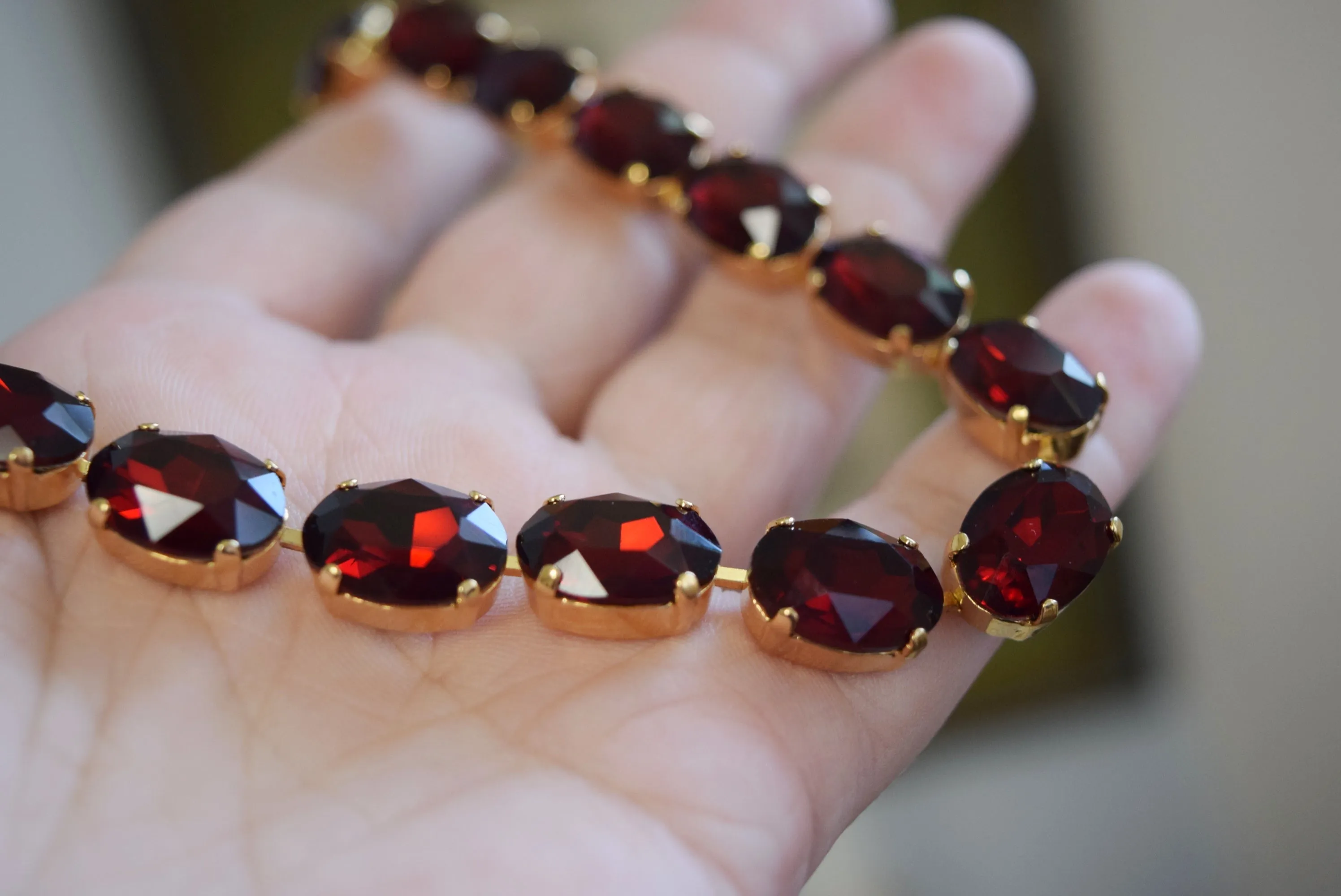 Garnet Red Aurora Crystal Collet Necklace - Medium Oval