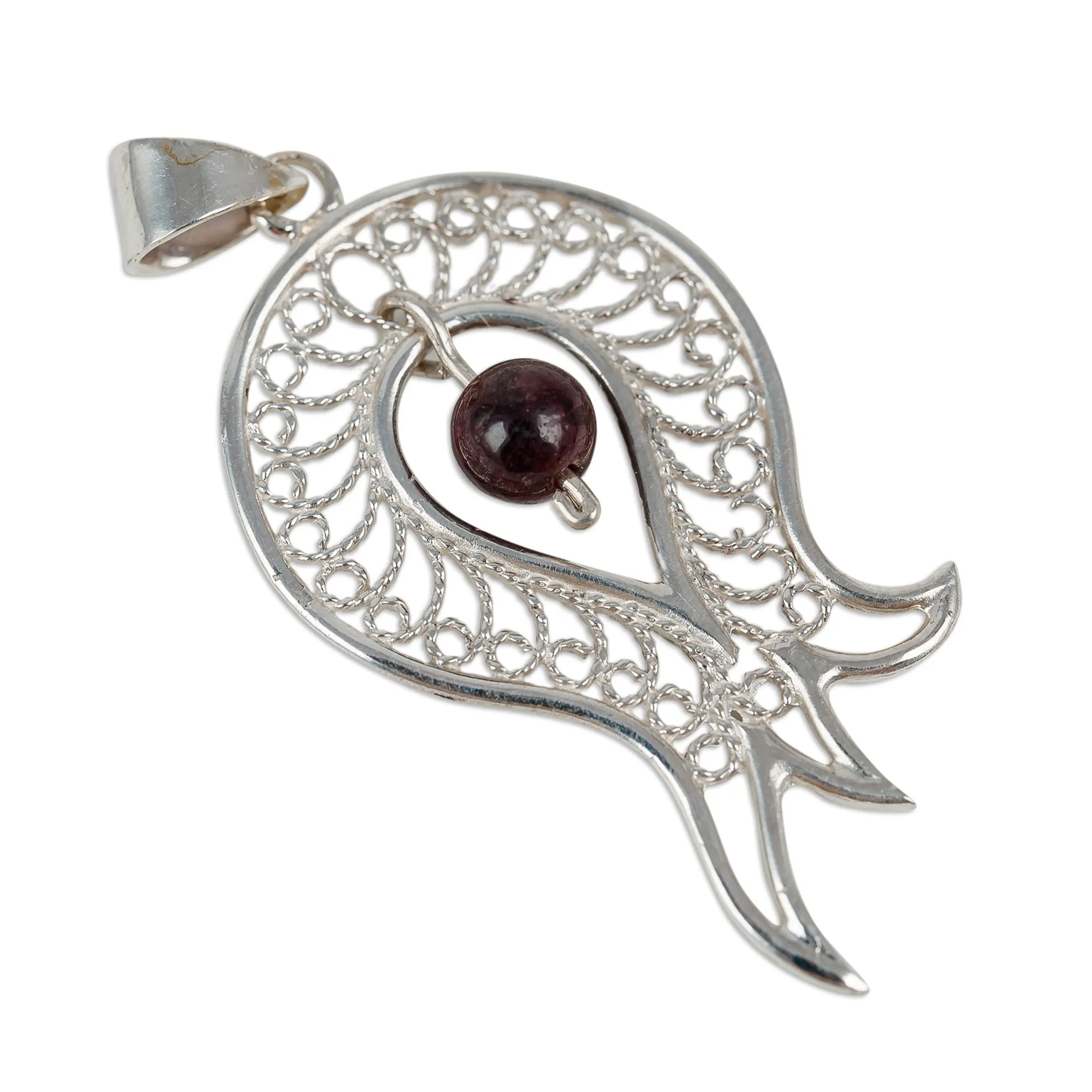 Garnet Sterling Silver Filigree Pomegranate Pendant Necklace - Passion at the Forest | NOVICA