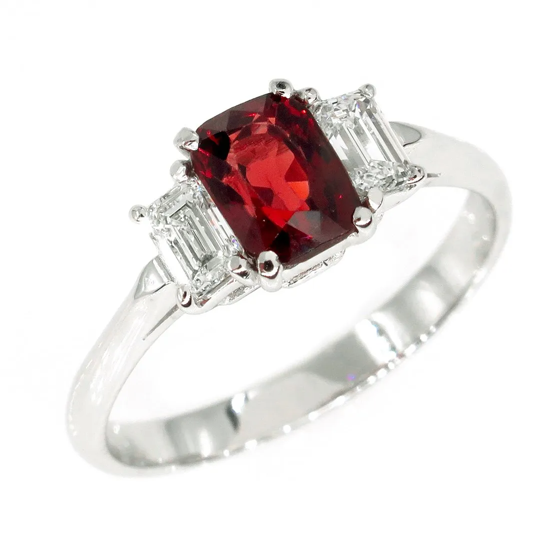 GIA 1.55ct Natural No-Heat Orangy Red SPINEL and Diamond 3 Stone Vintage Ring