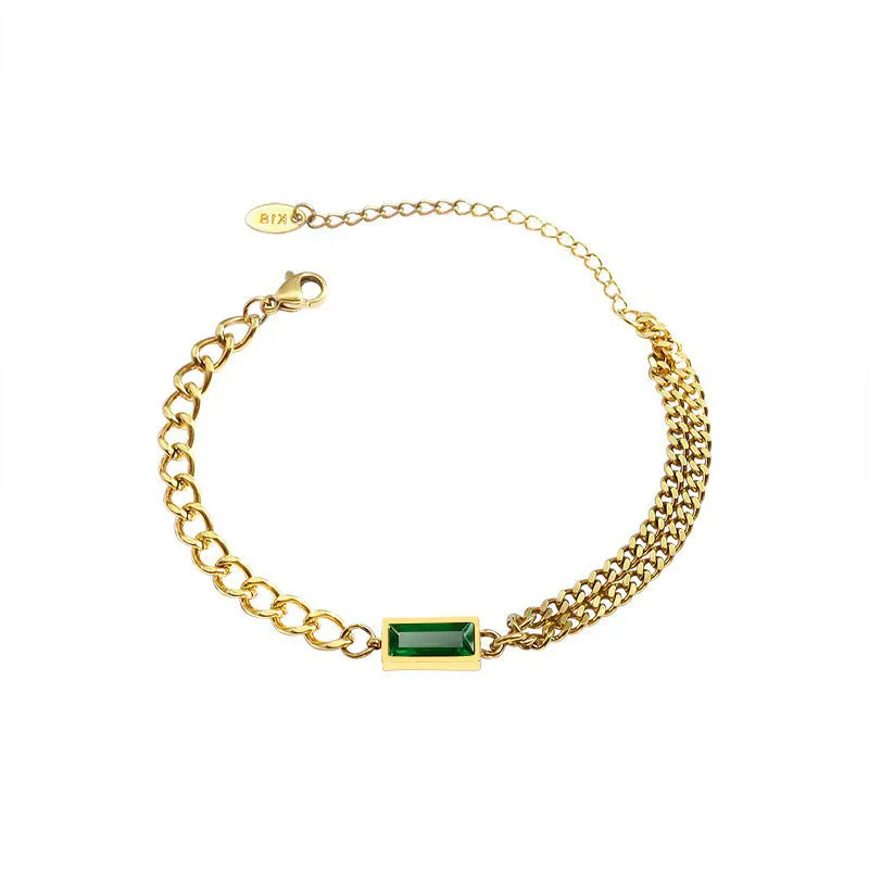 Gold Chain Bracelet with Emerald Green Gemstone – Dual Chain Design-jltn0580