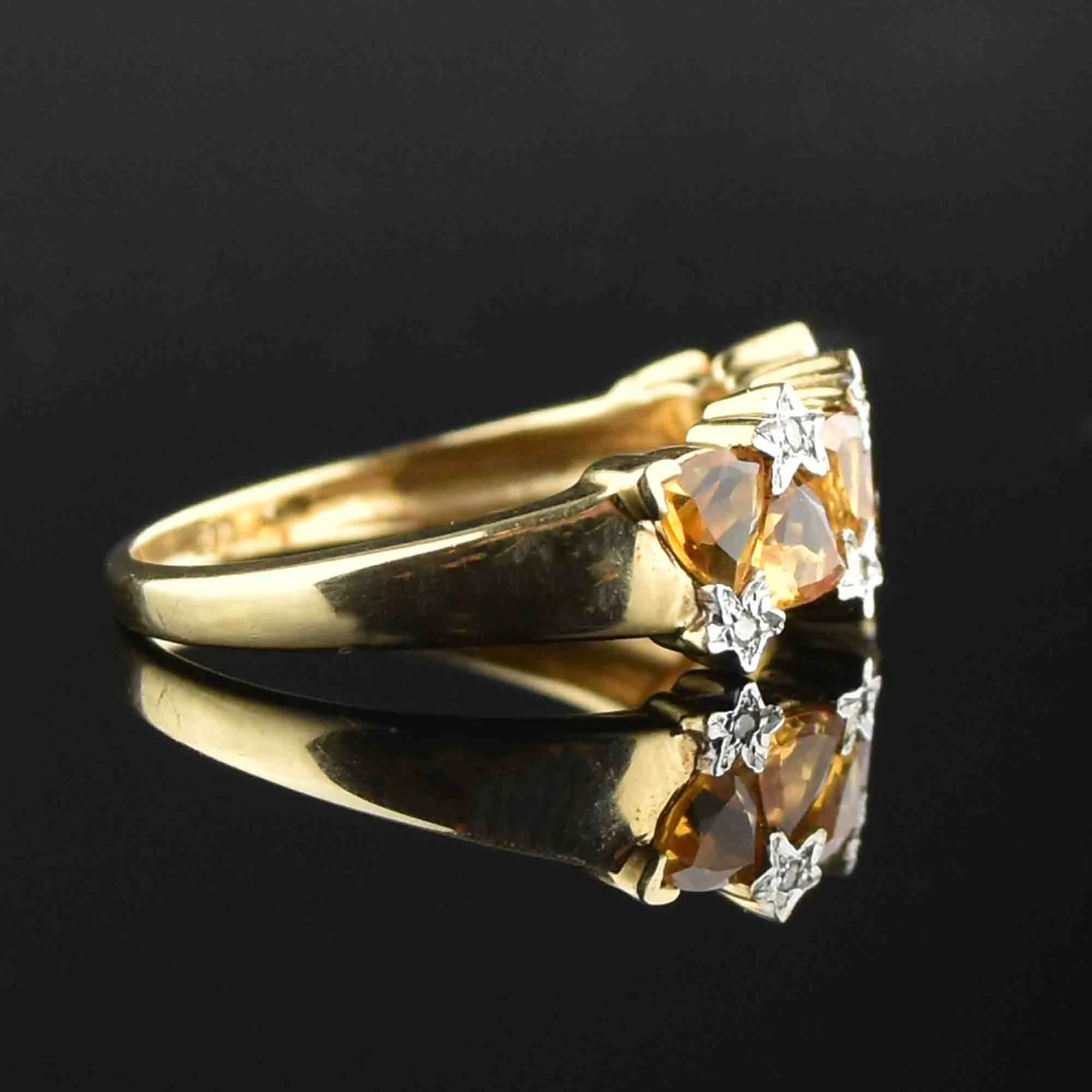 Gold Citrine Diamond Star Band Ring, Sz 7.5