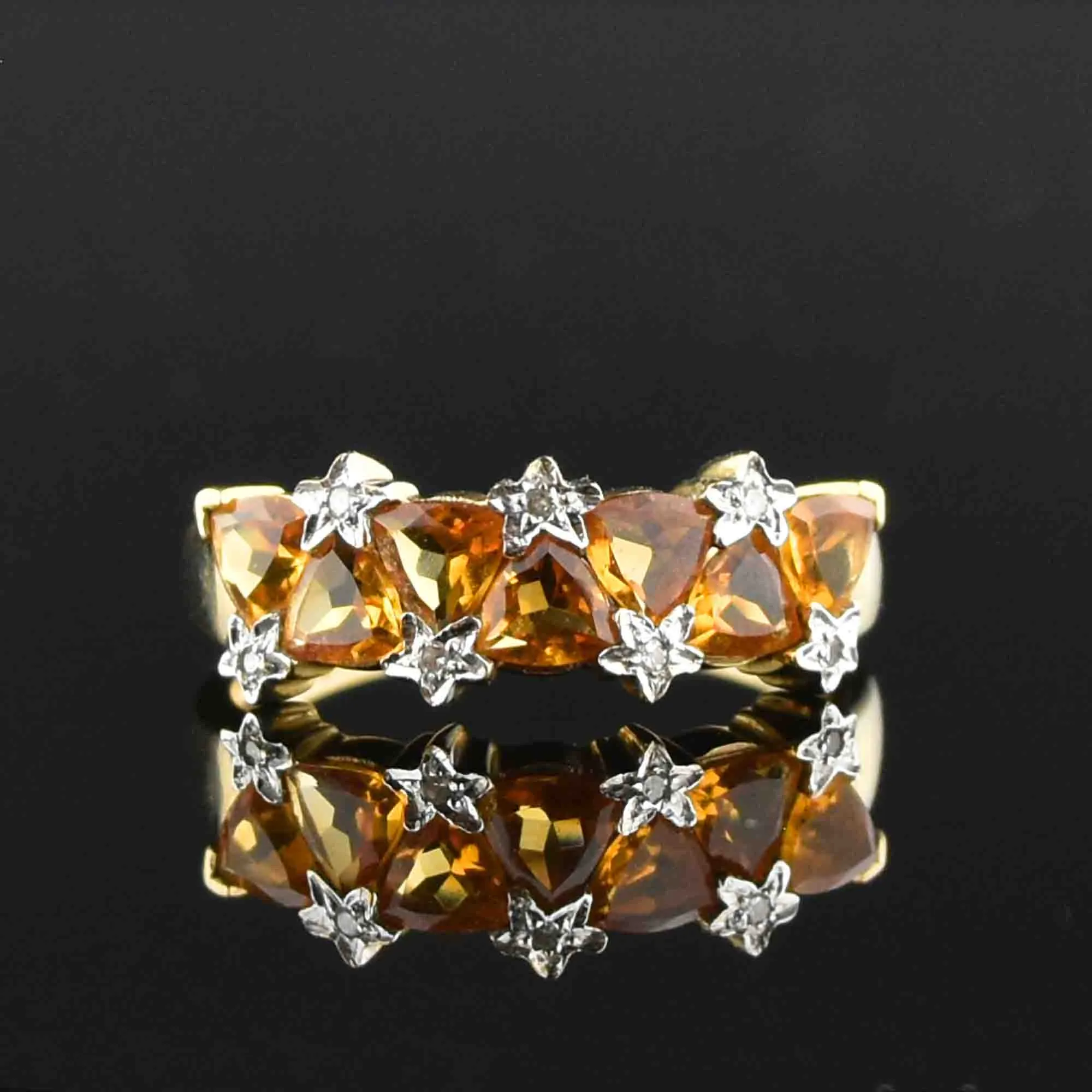 Gold Citrine Diamond Star Band Ring, Sz 7.5