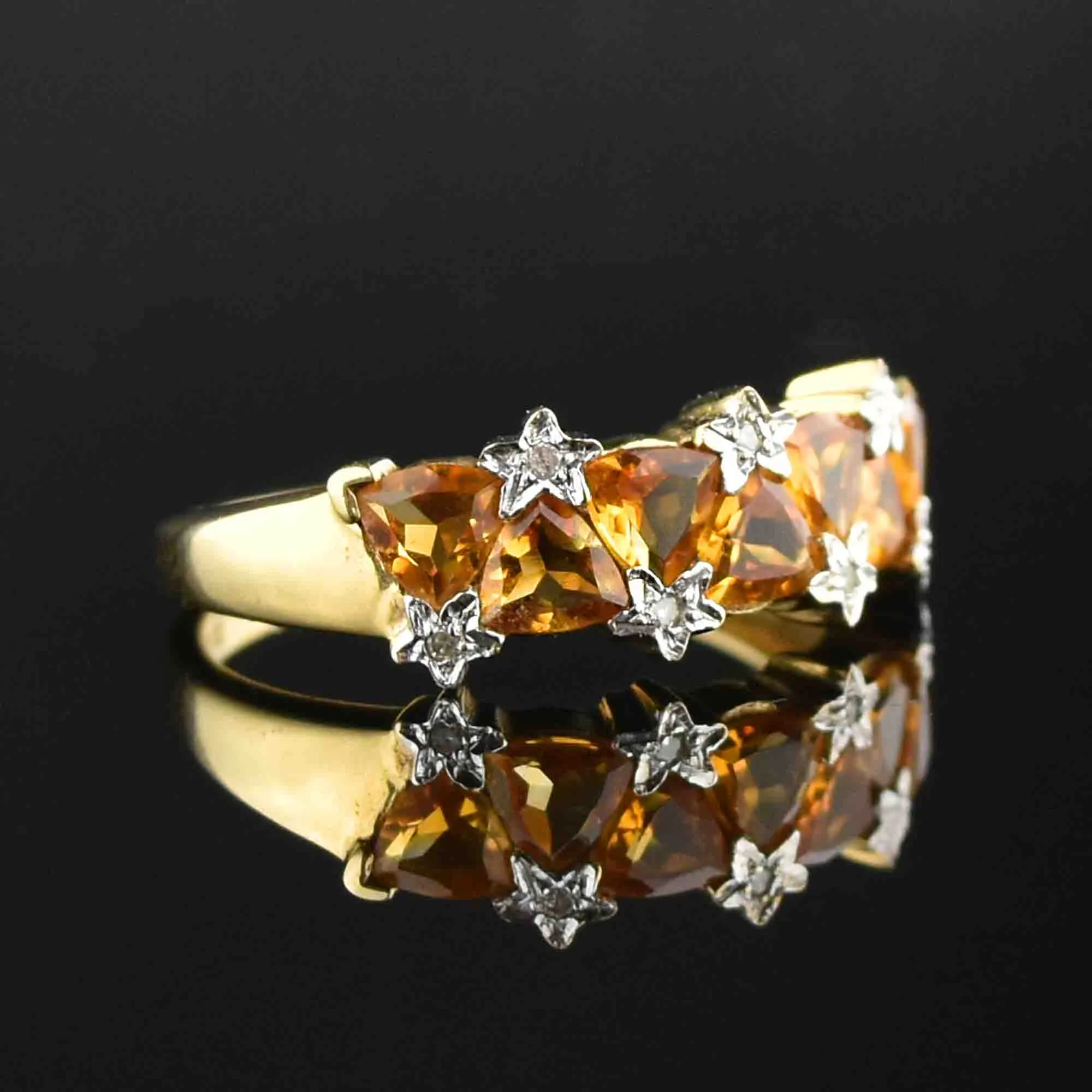 Gold Citrine Diamond Star Band Ring, Sz 7.5