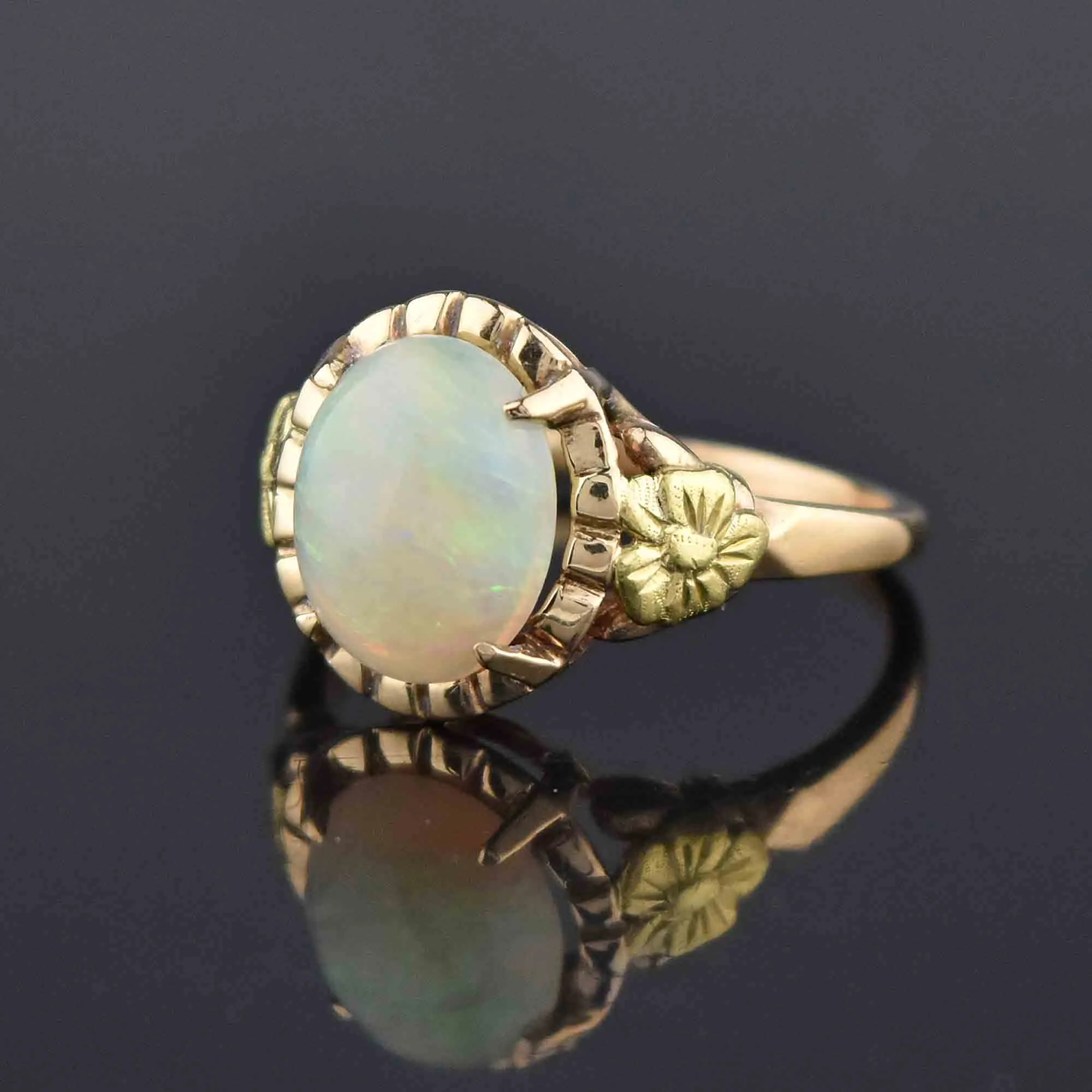 Gold Forget Me Not Flower Opal Cabochon Solitaire Ring