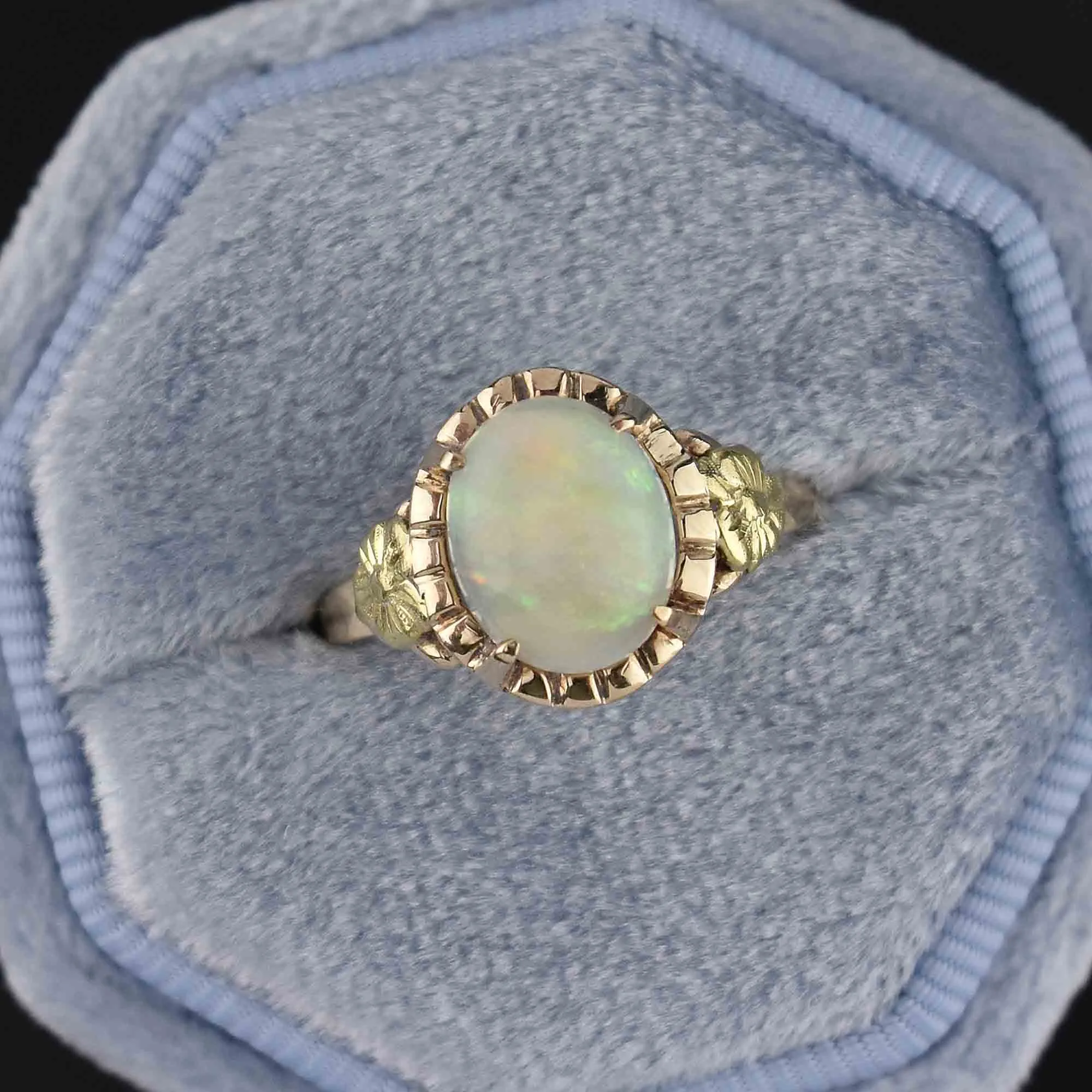 Gold Forget Me Not Flower Opal Cabochon Solitaire Ring