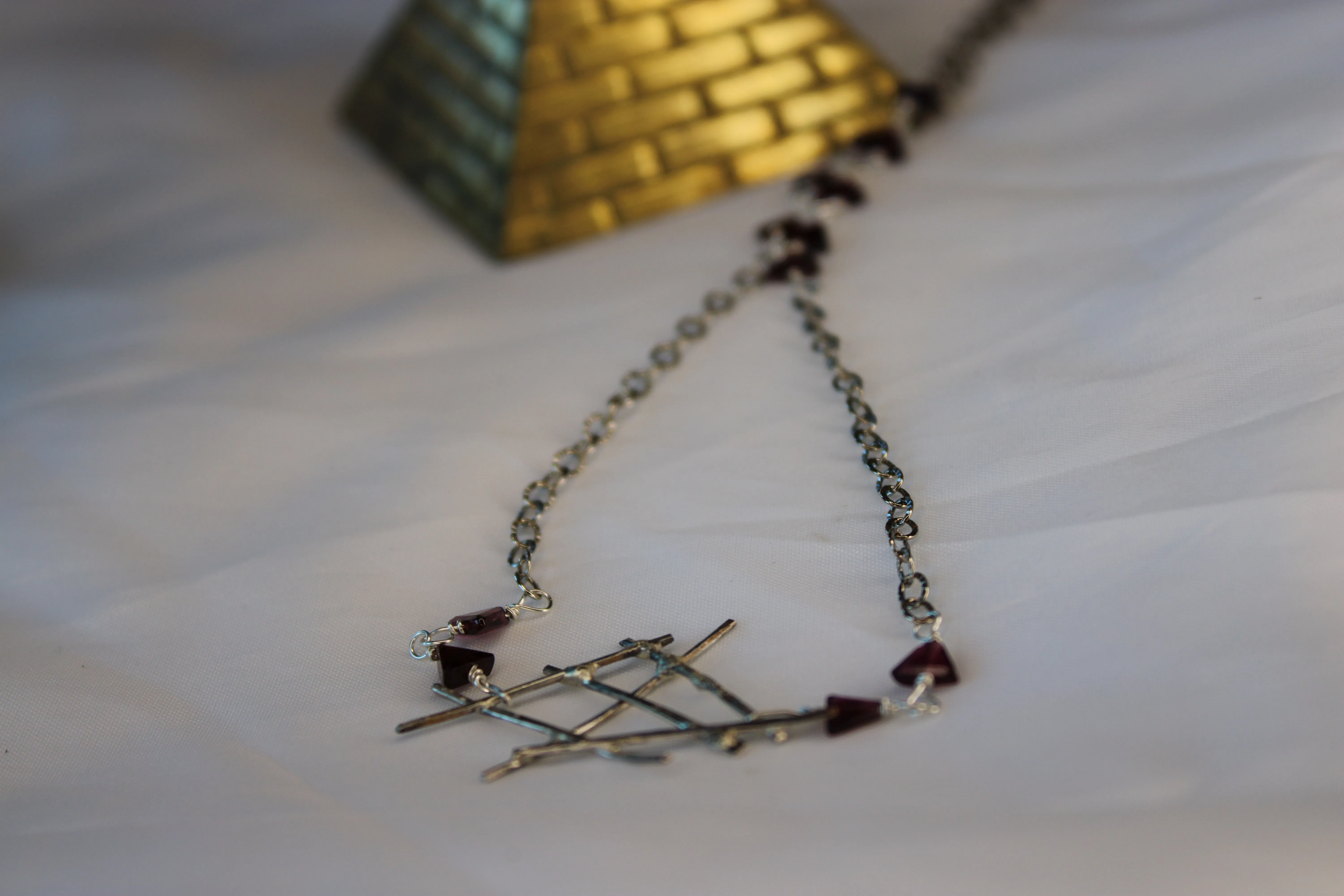 Gothic Geometric Sterling Silver Necklace with Garnet Triangle Stone Beads