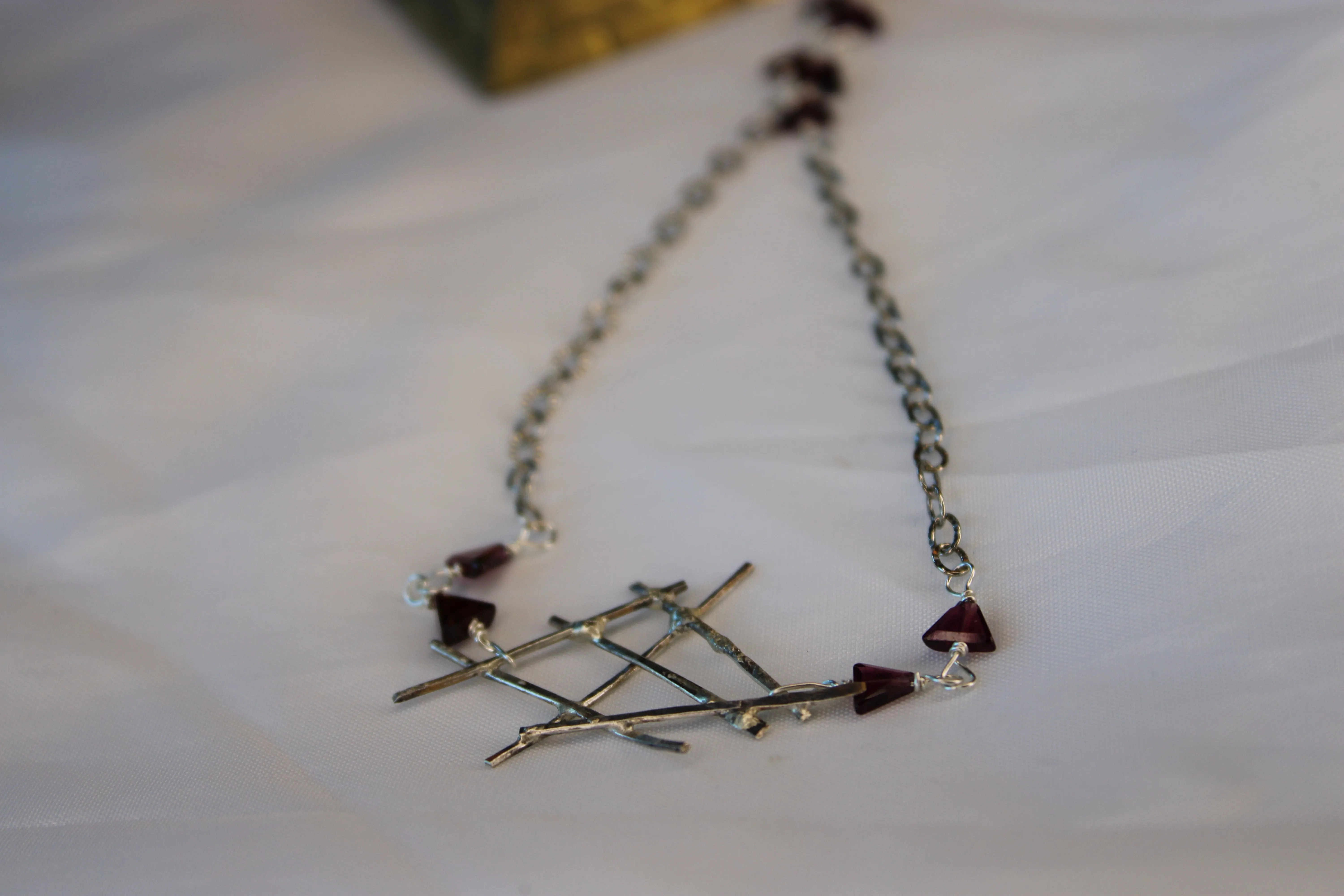 Gothic Geometric Sterling Silver Necklace with Garnet Triangle Stone Beads