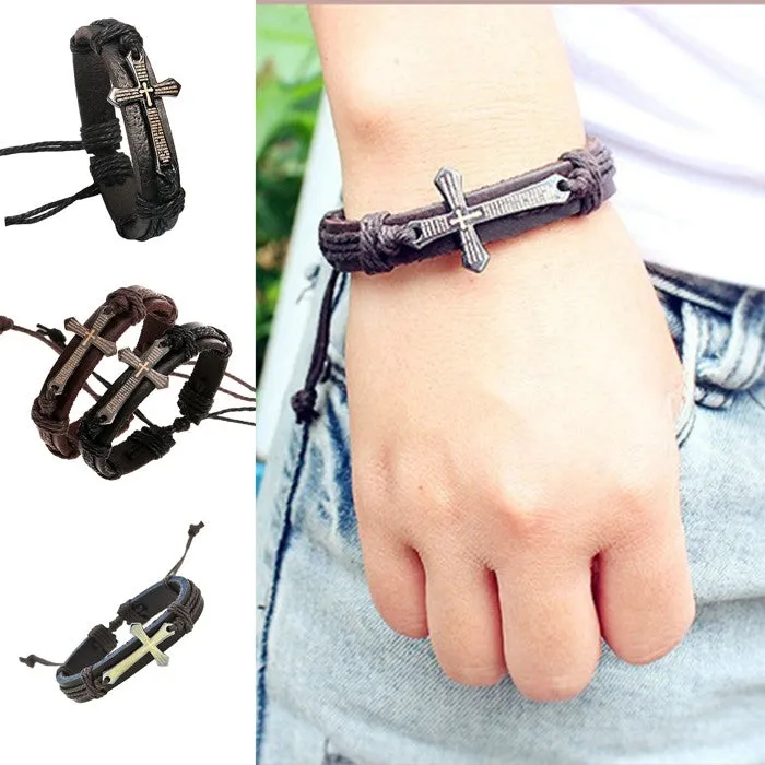 High Quality Vintage men jewelry Scripture cross metallic Black & brown Leather Braid Bracelets & Bangles