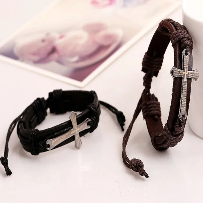 High Quality Vintage men jewelry Scripture cross metallic Black & brown Leather Braid Bracelets & Bangles