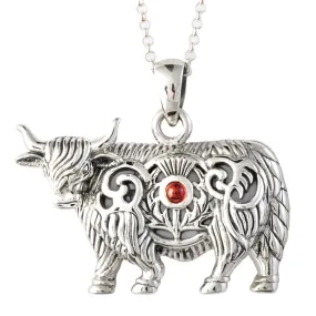 Highland Cow Thistle Pendant Necklace with Garnet Stone