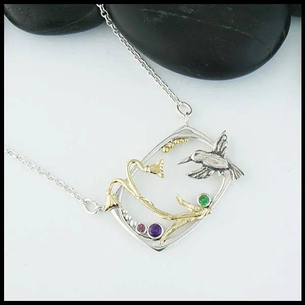 Hummingbird & Flower Necklace with Gemstones