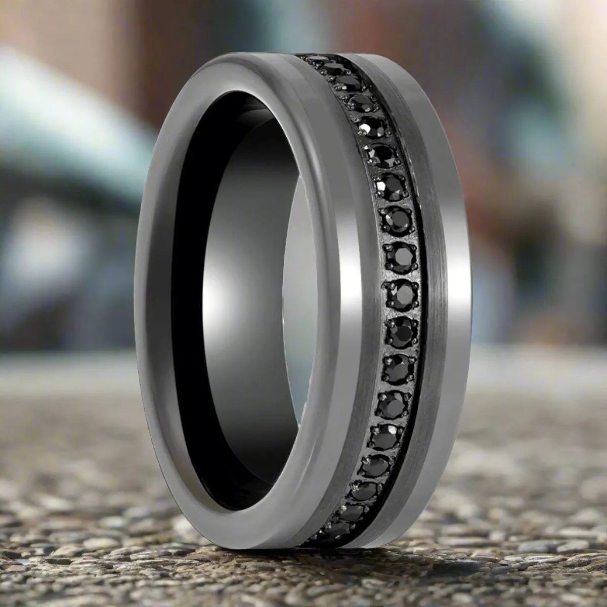 INFINITUM | Gun Metal Tungsten Ring, Black CZ Eternity, Flat