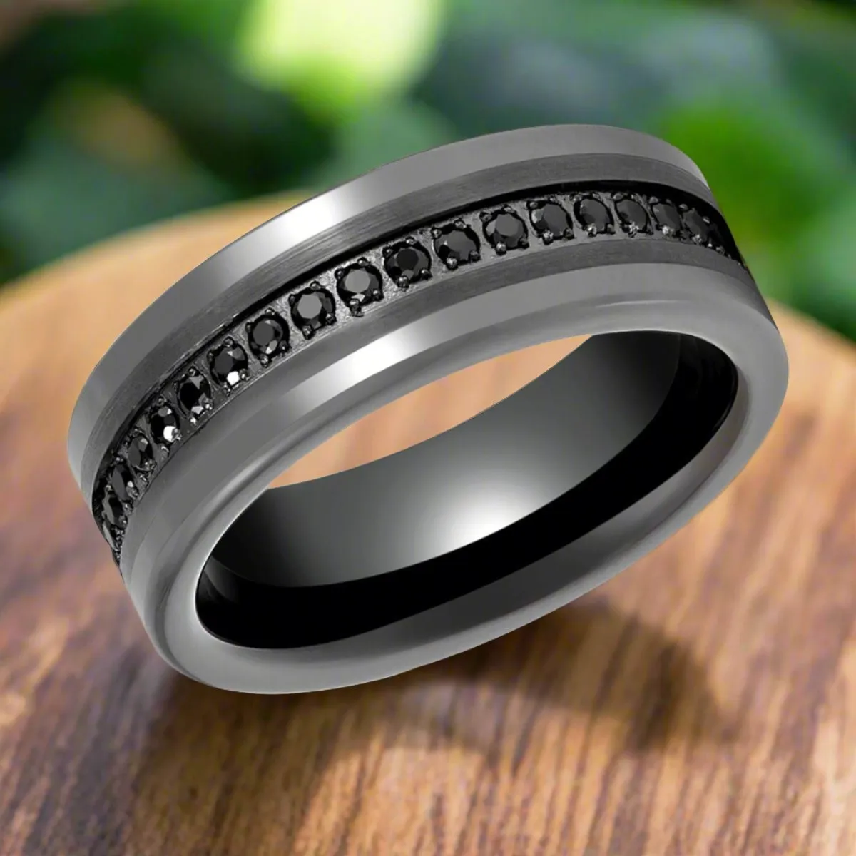 INFINITUM | Gun Metal Tungsten Ring, Black CZ Eternity, Flat