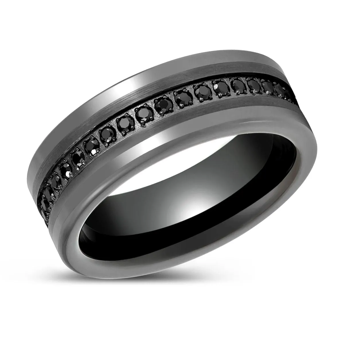 INFINITUM | Gun Metal Tungsten Ring, Black CZ Eternity, Flat