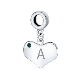 Initial Alphabet Bead Charm Simulated Emerald Heart Dangle for European Bracelet