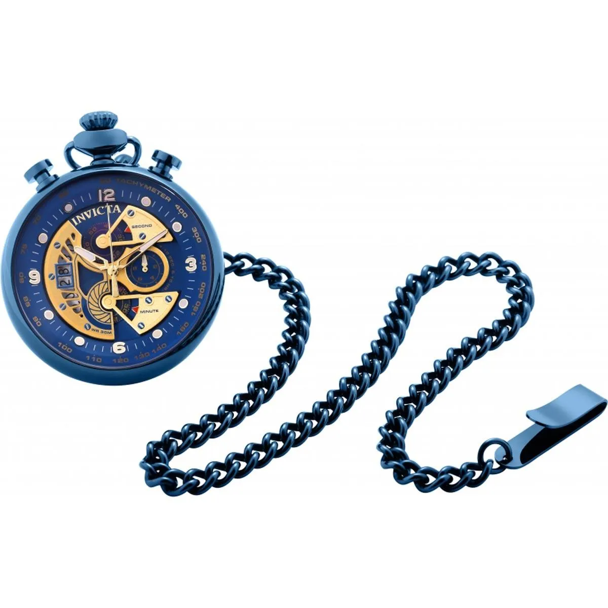 Invicta Men's Chronograph Pocket Watch - Vintage Blue and Gold Dial SS Case | 34457