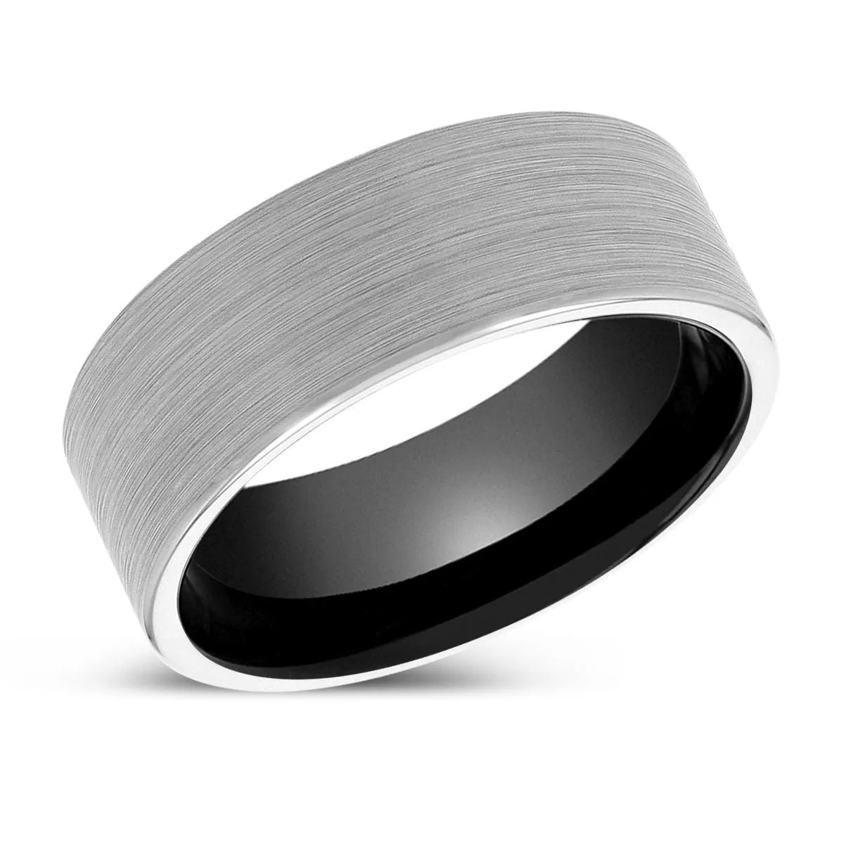 JADEN | Black Ring, White Tungsten Ring, Brushed, Flat