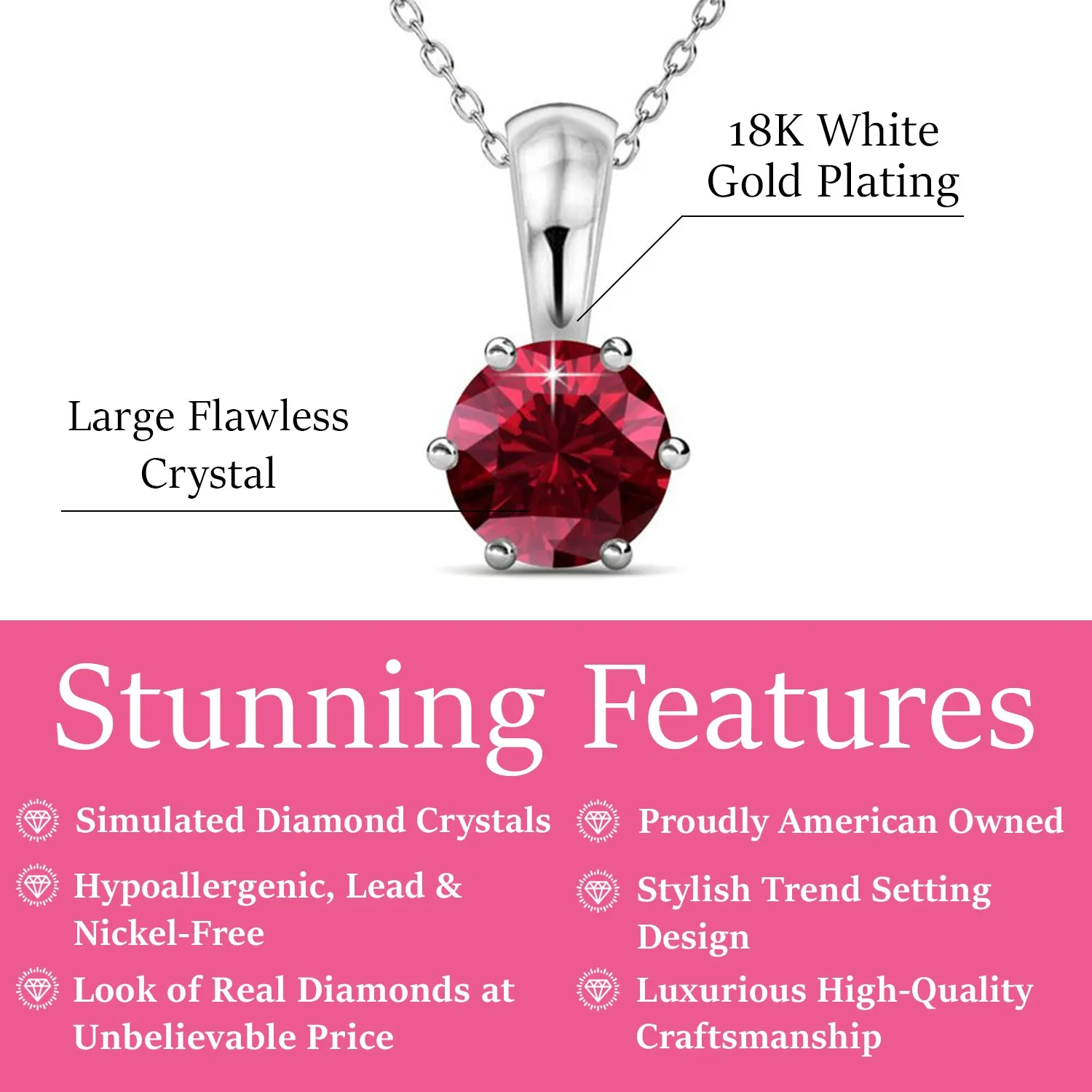 January Birthstone Garnet Necklace 18k White Gold Plated Solitaire Necklace with 1CT Swarovski Crystal