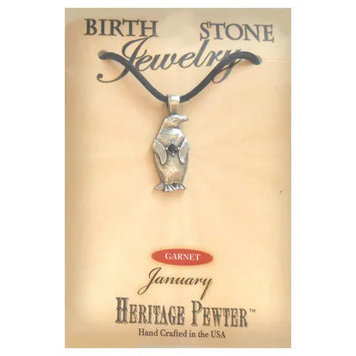 January Pewter Penguin Birthstone Pendant (Garnet)