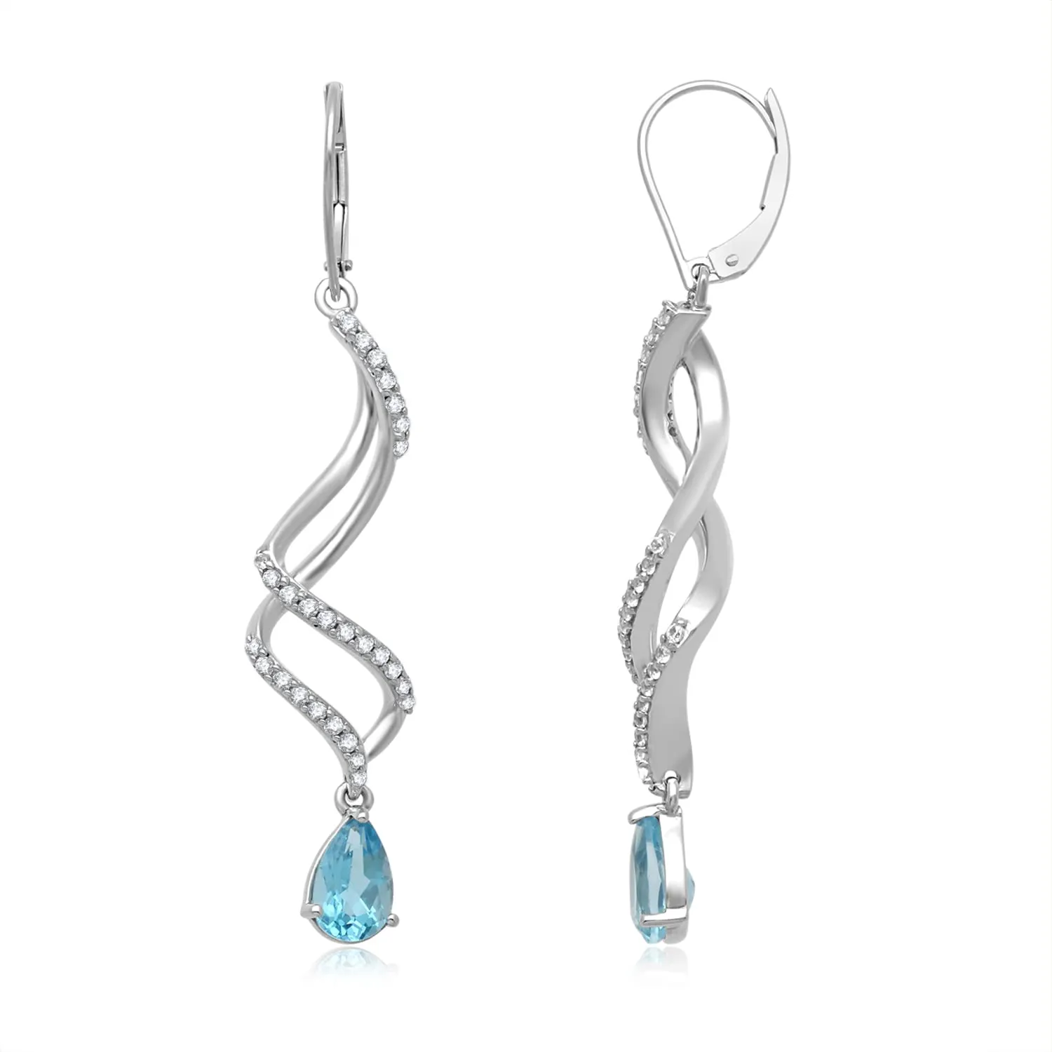 Jewelili Sterling Silver With Pear Shape Swiss Blue Topaz and Round Created White Sapphire Dangle Earrings