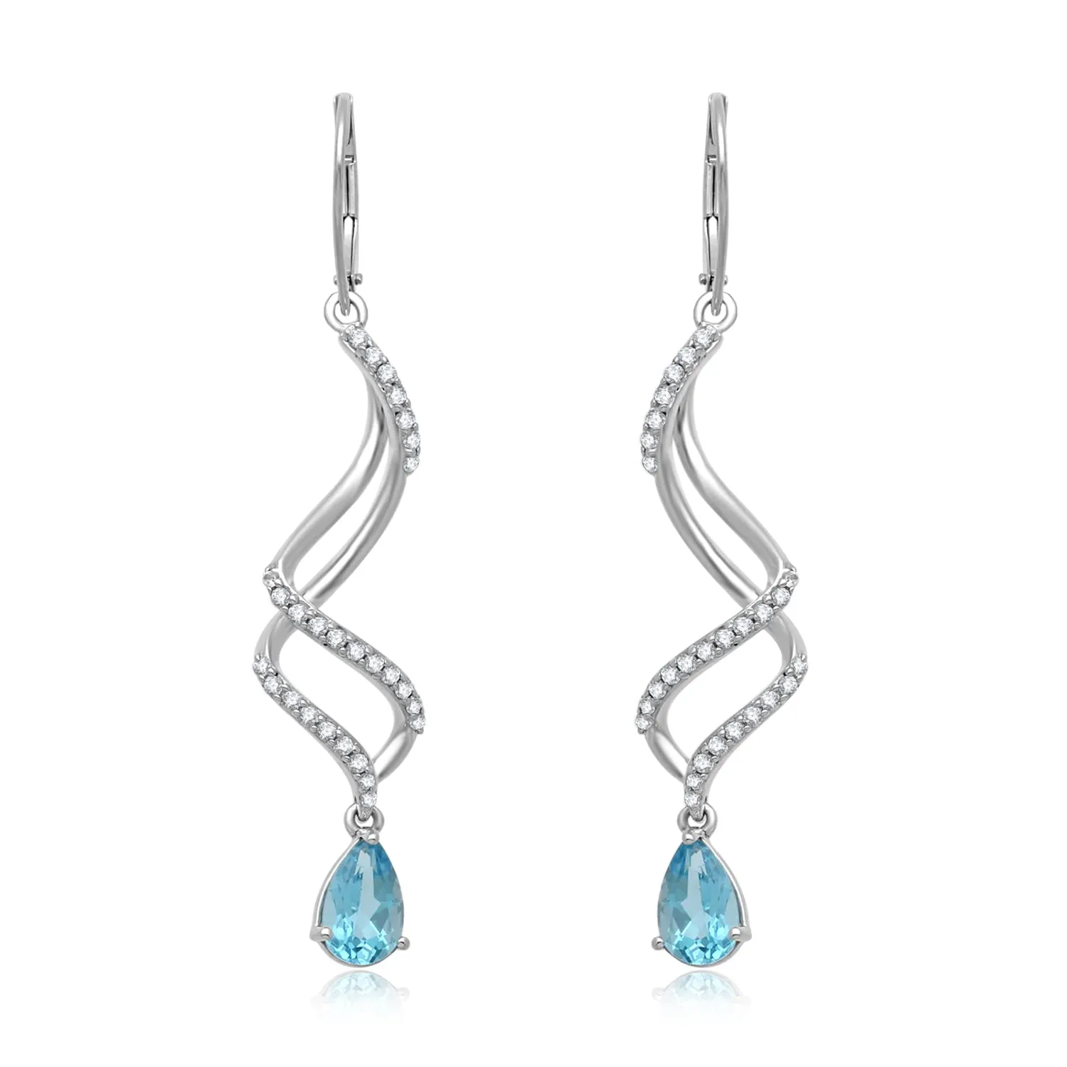 Jewelili Sterling Silver With Pear Shape Swiss Blue Topaz and Round Created White Sapphire Dangle Earrings