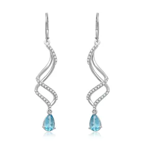 Jewelili Sterling Silver With Pear Shape Swiss Blue Topaz and Round Created White Sapphire Dangle Earrings