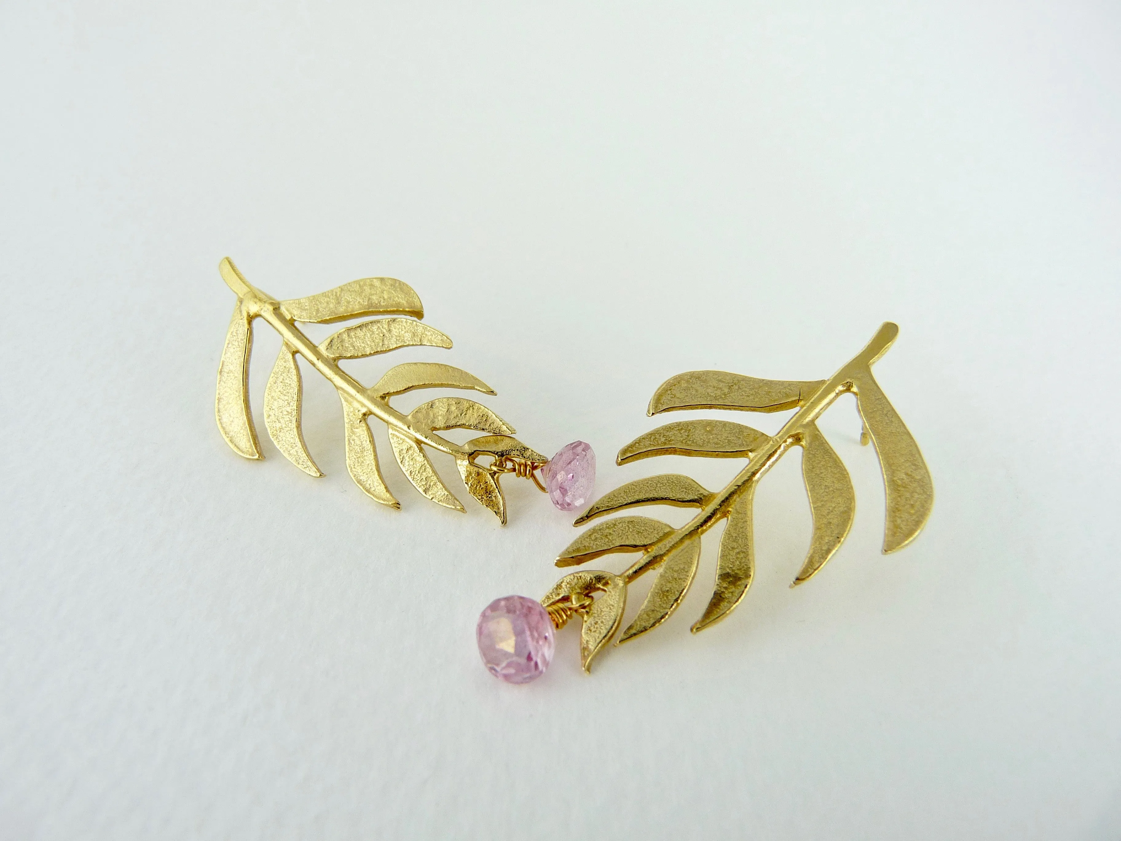 Kiki Leaf Earrings with Pink Topaz drops