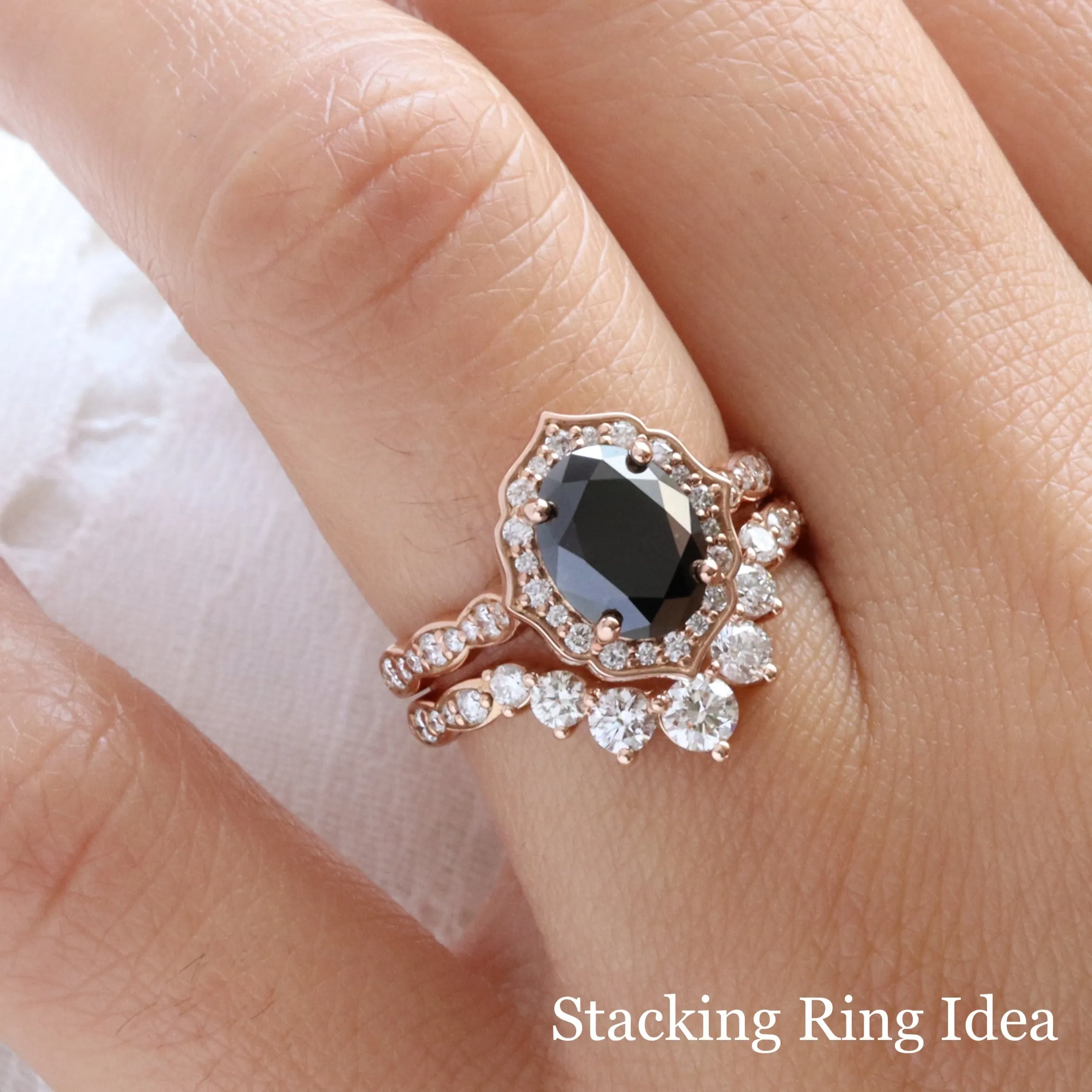 Large Oval Black Diamond Ring in Vintage Floral Scalloped Band