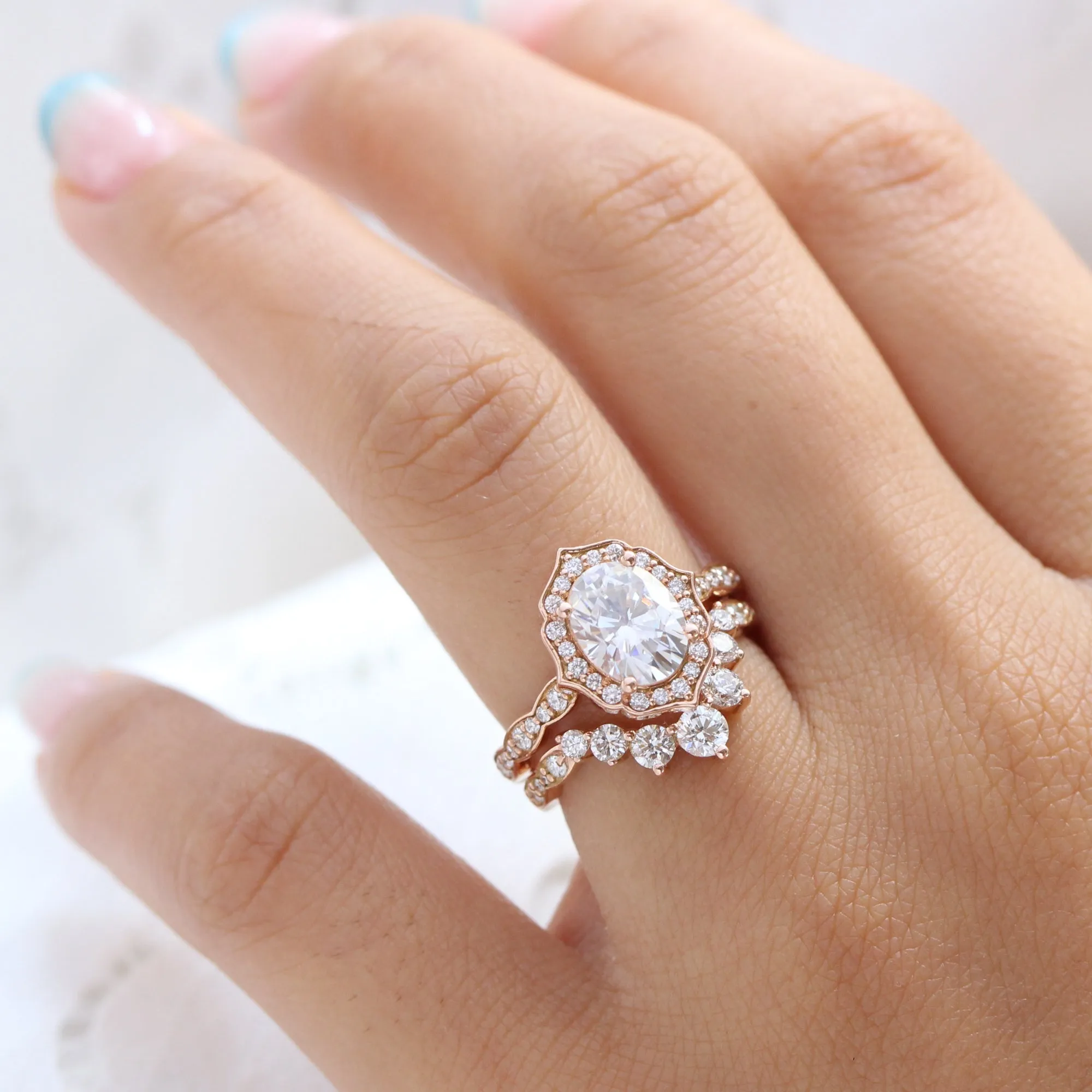 Large Oval Moissanite Engagement Ring in Vintage Floral Diamond Band